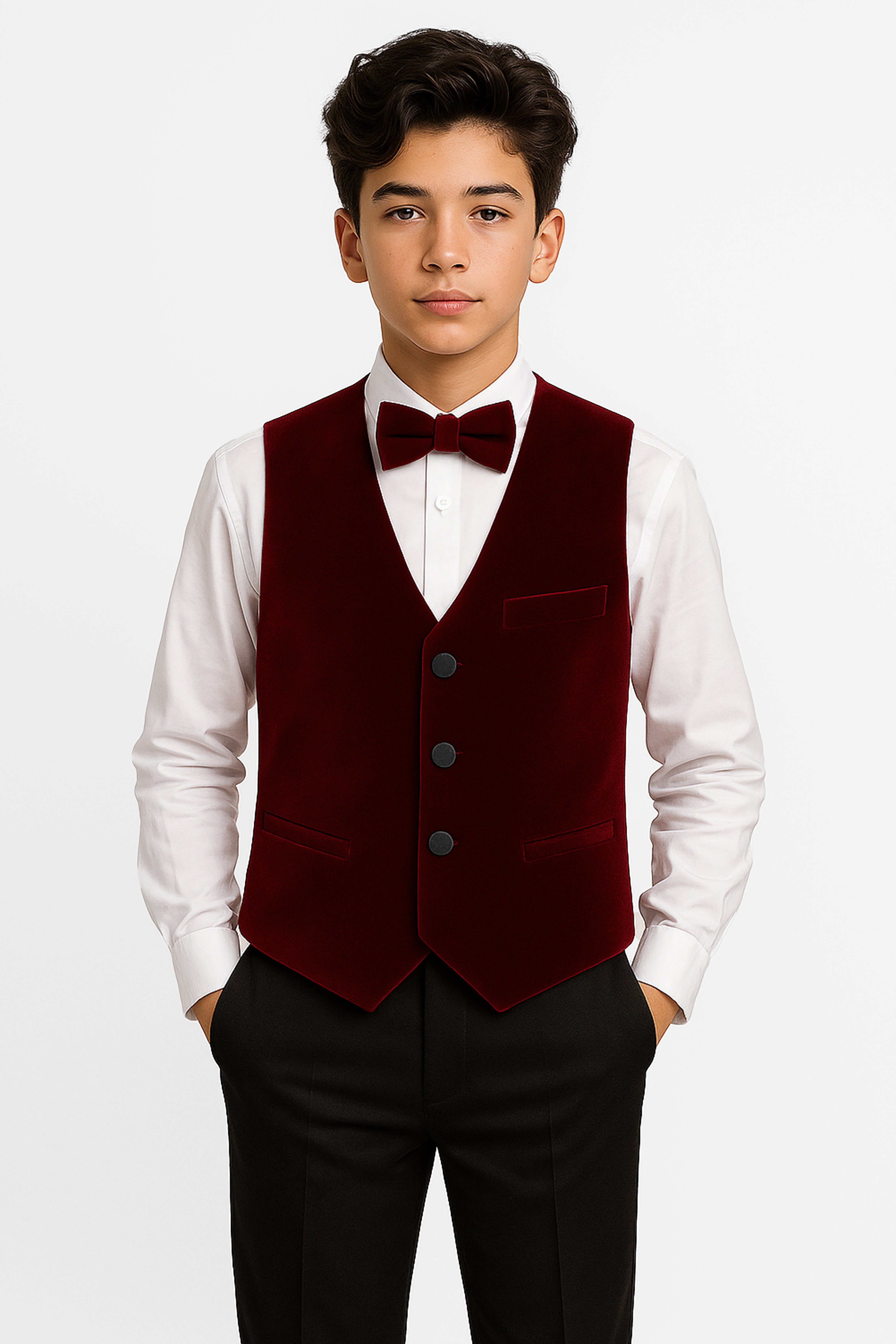 Boys Slim Fit Velvet Waistcoat Set - SAVOY - Wine Model Front Picture