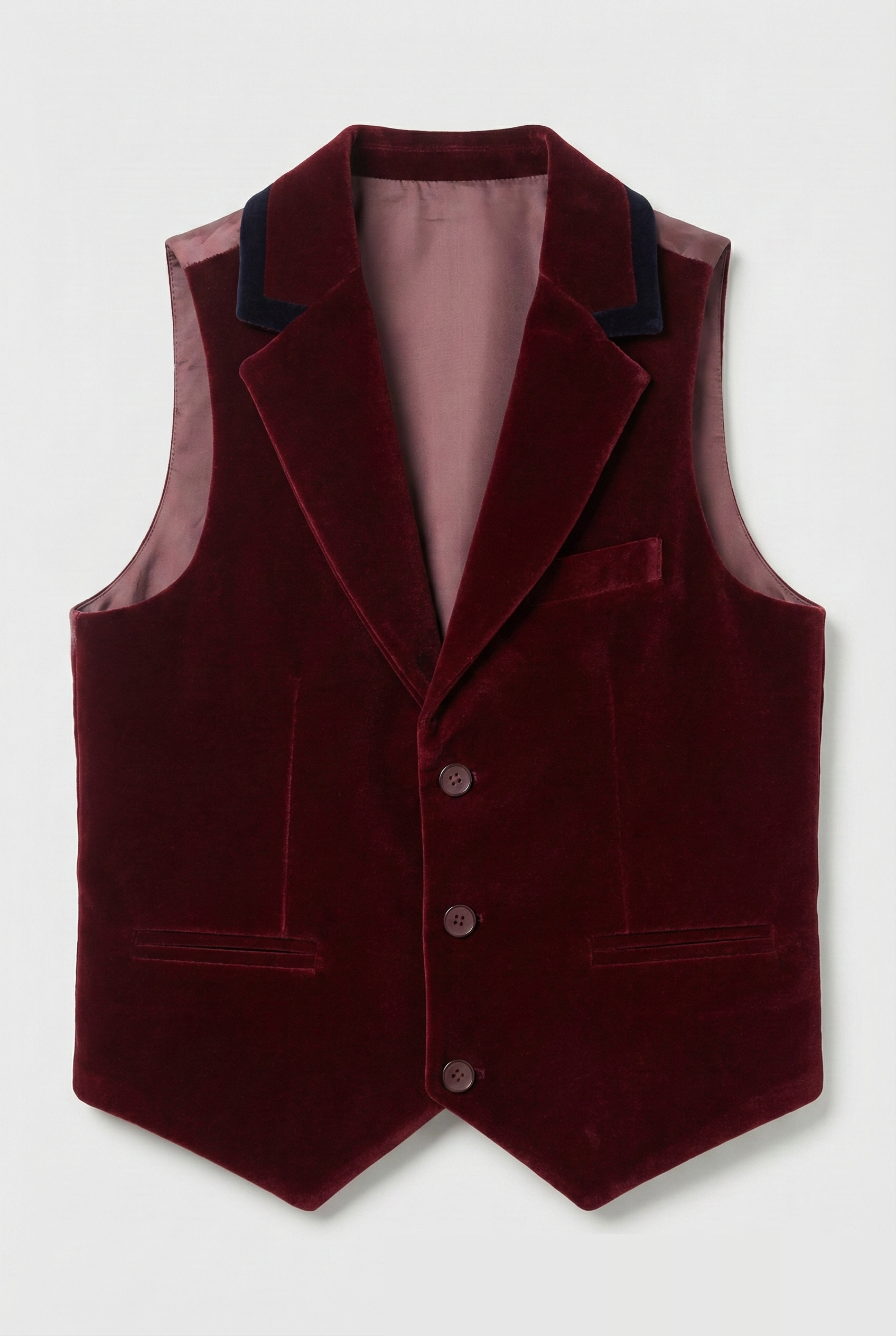 Boys Slim Fit Velvet Waistcoat with Lapel Trim - Burgundy