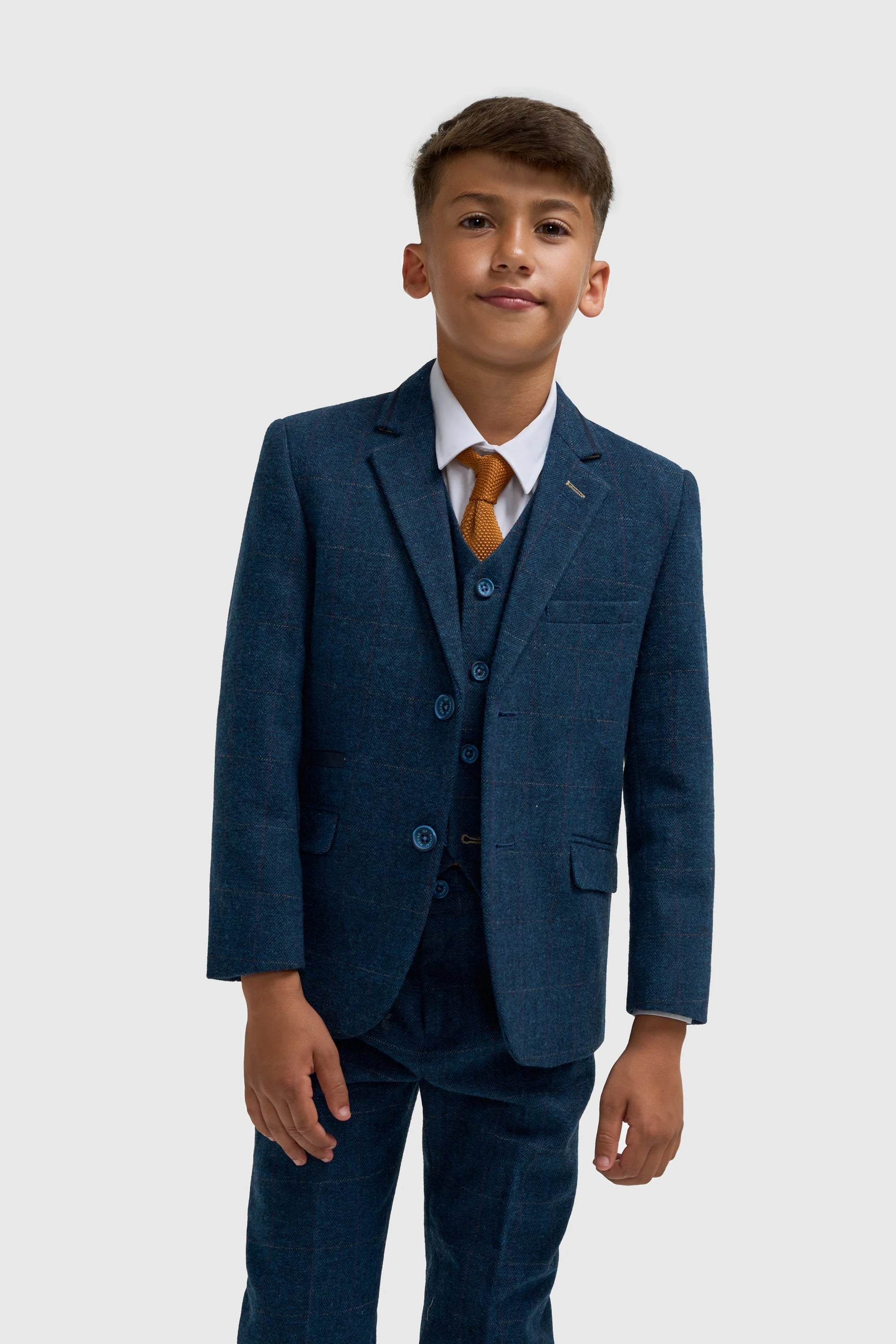Boys Slim Fit Wool Blend Herringbone Tweed Blue Suit - CARNEGI NAVY