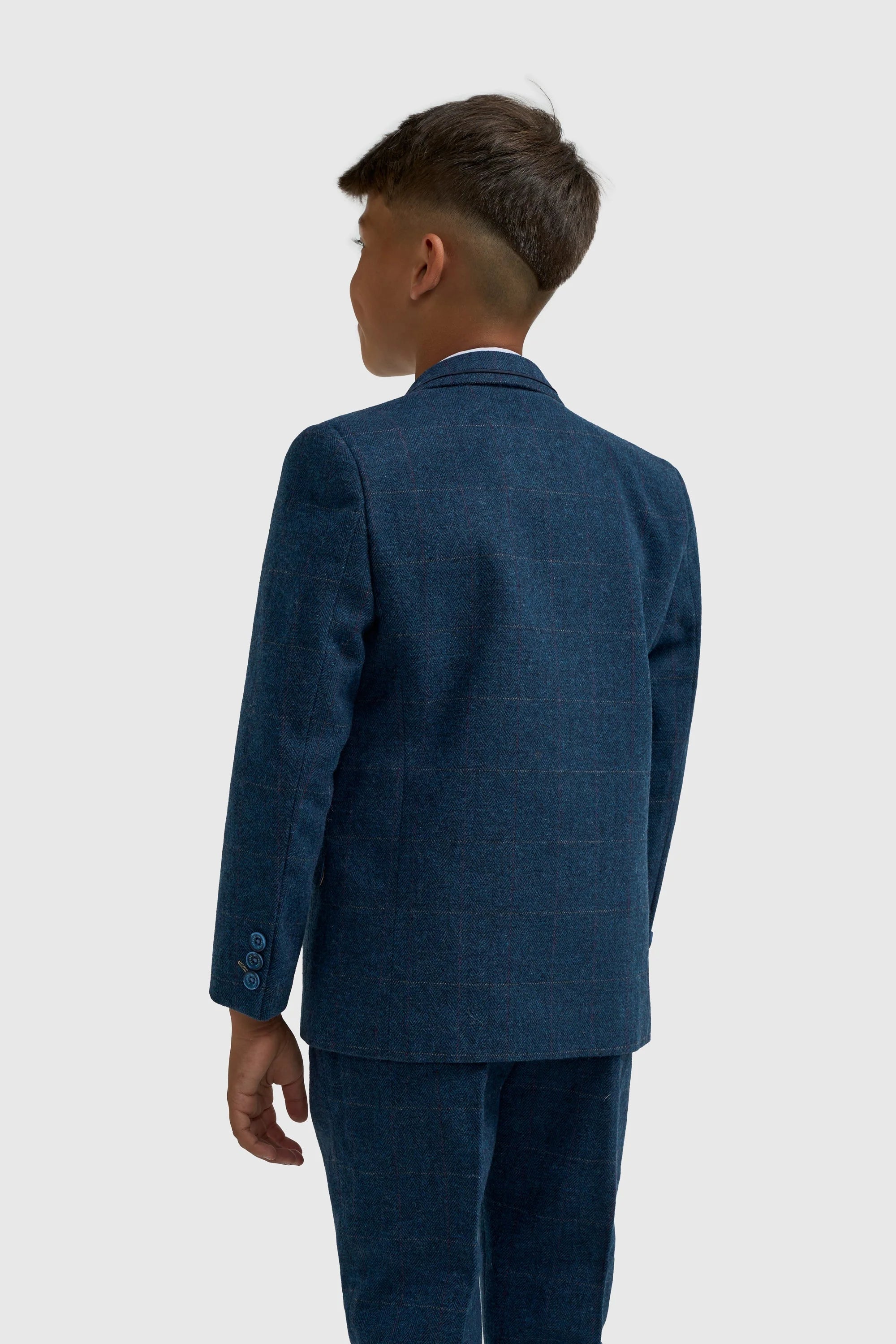 Boys Slim Fit Wool Blend Herringbone Tweed Blue Suit - CARNEGI NAVY Model Back picture