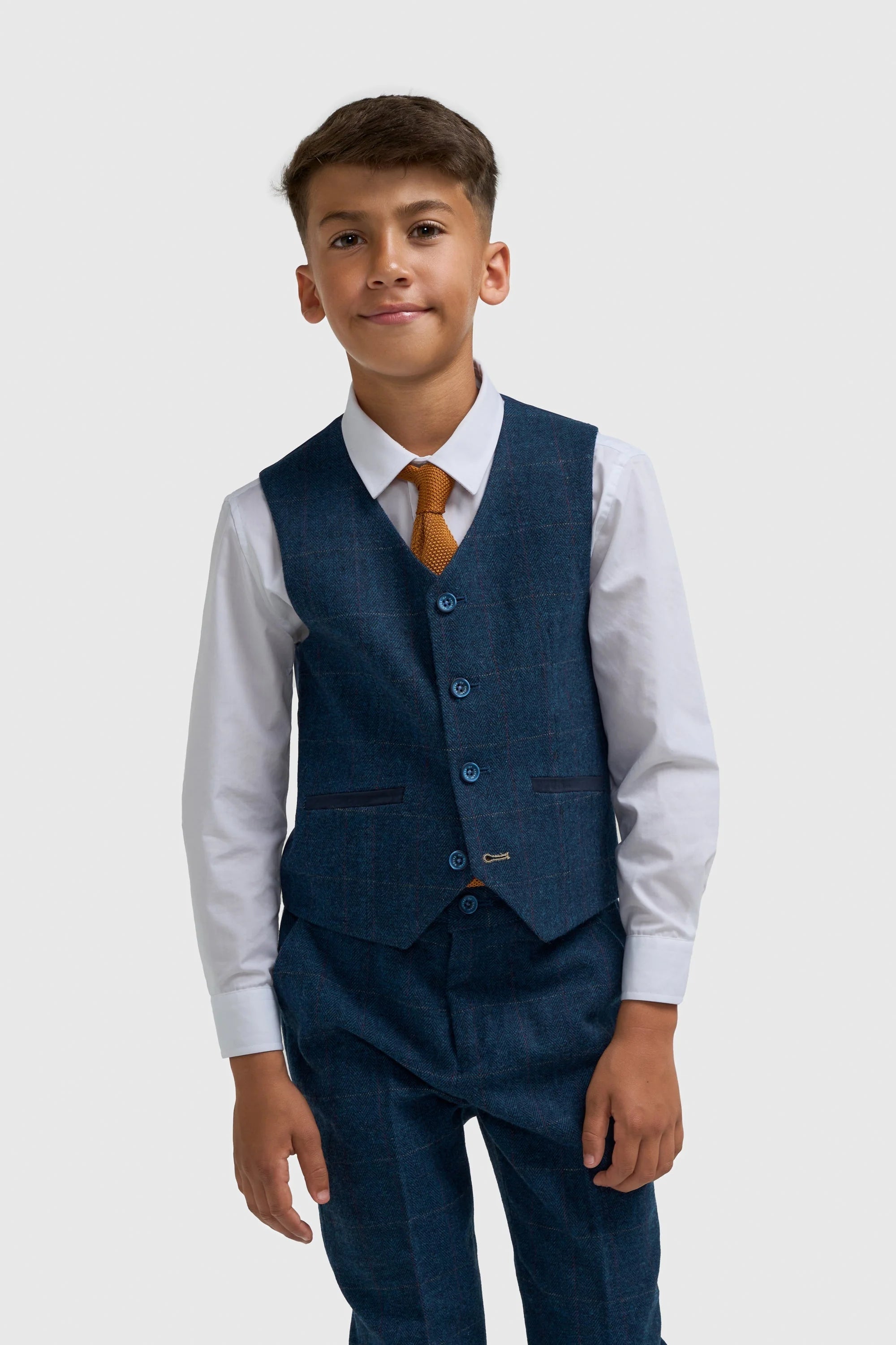 Boys Slim Fit Wool Blend Herringbone Tweed Blue Suit - CARNEGI NAVY Front  Picture