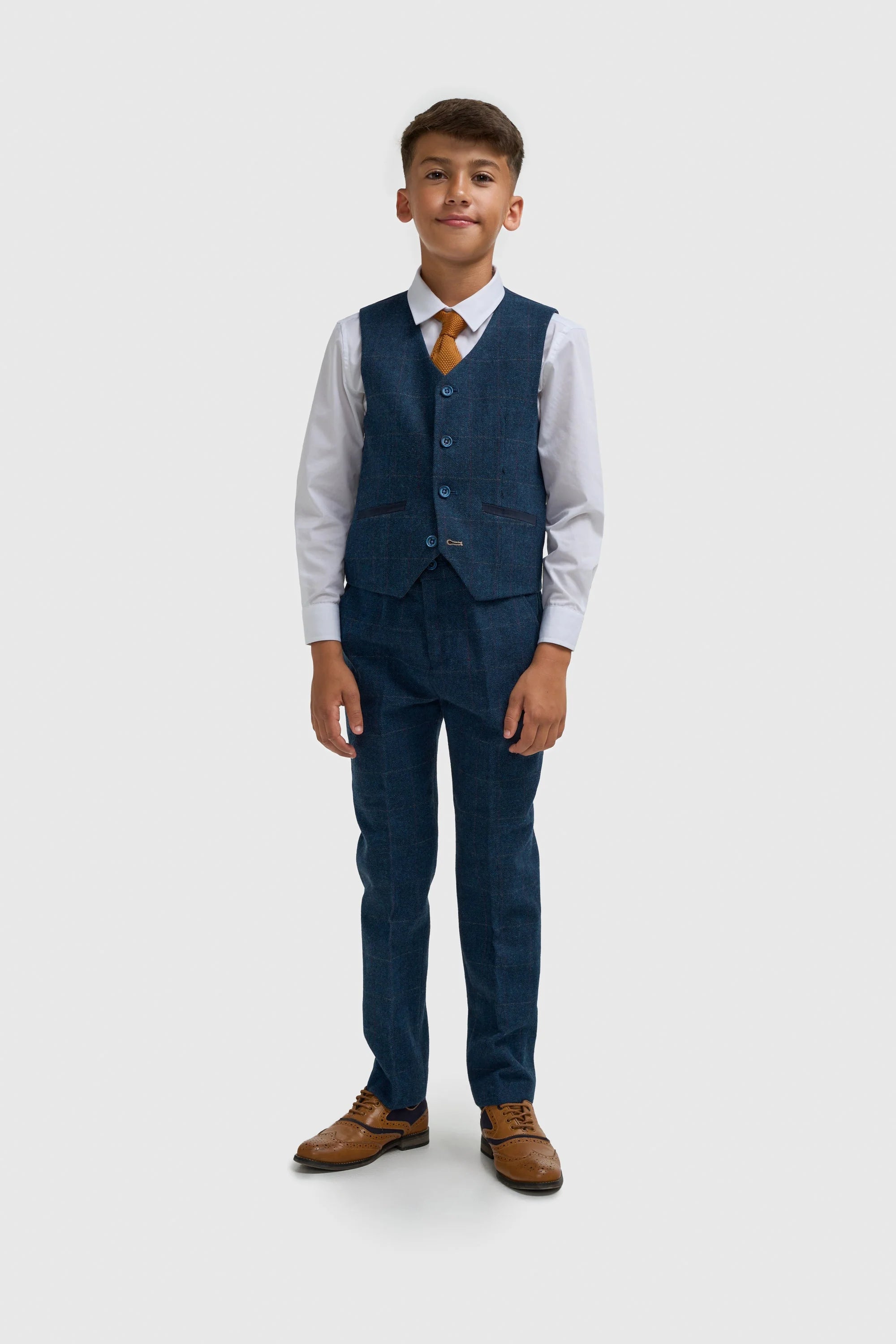 Boys Slim Fit Wool Blend Herringbone Tweed Blue Suit - CARNEGI NAVY Model Front Picture