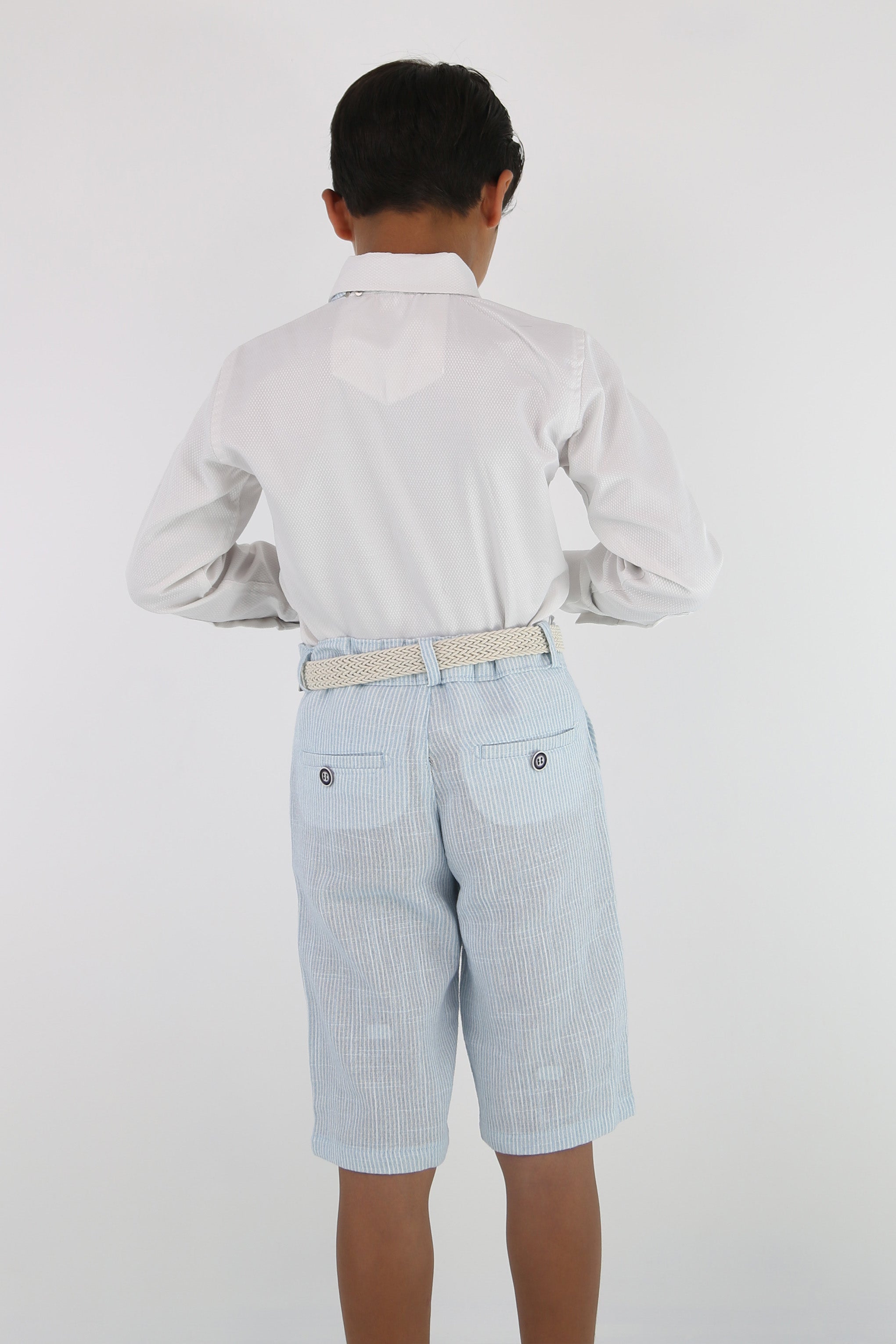 Traje corto de algodón seersucker a rayas para niños – ALEXANDER - Azul cielo