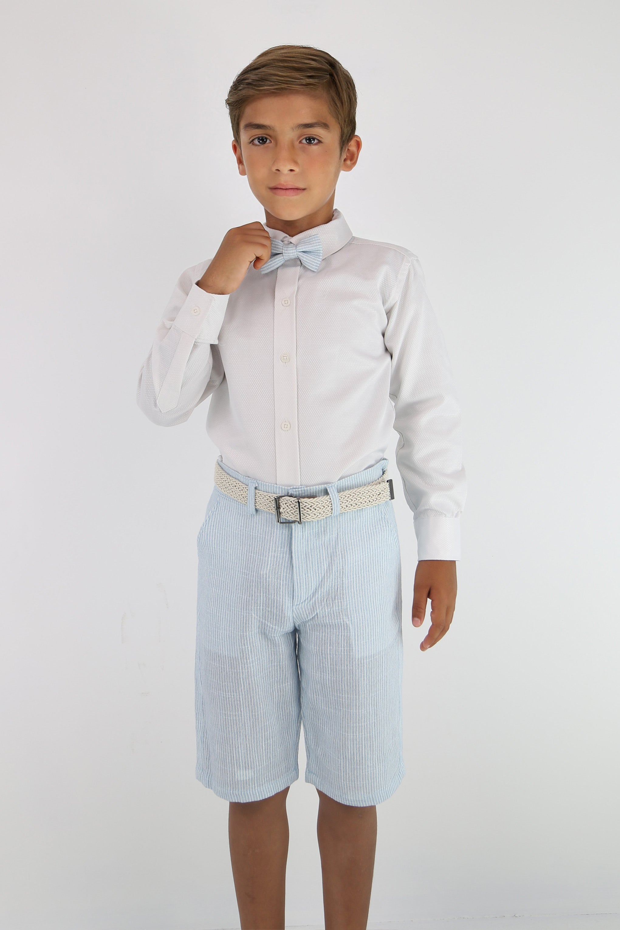 Traje corto de algodón seersucker a rayas para niños – ALEXANDER - Azul cielo