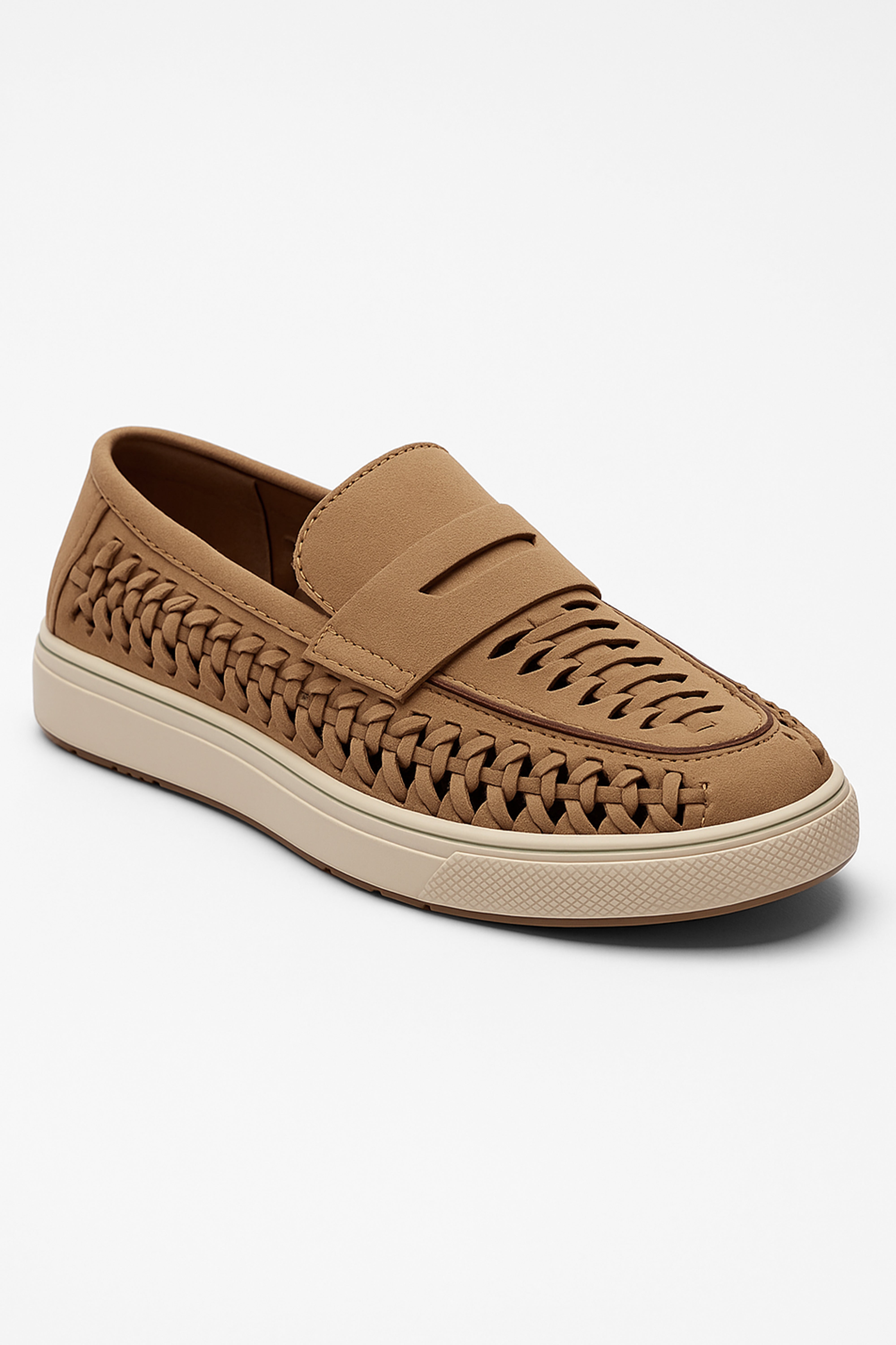 Boys Suede Penny Loafers with Woven Detail - TROY - Tan Side Picture