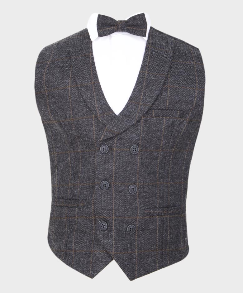 Tailored Fit Weste-Set für Jungen aus Tweed mit Fischgrätenmuster und Karomuster - Dunkelgrau