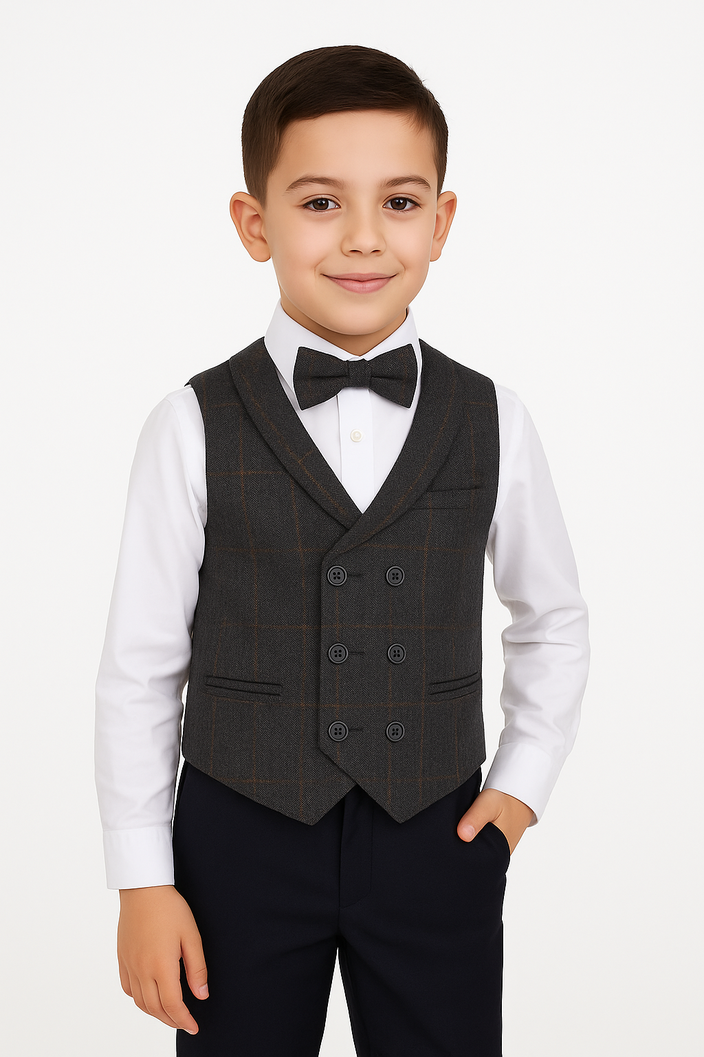 Tailored Fit Weste-Set für Jungen aus Tweed mit Fischgrätenmuster und Karomuster - Dunkelgrau