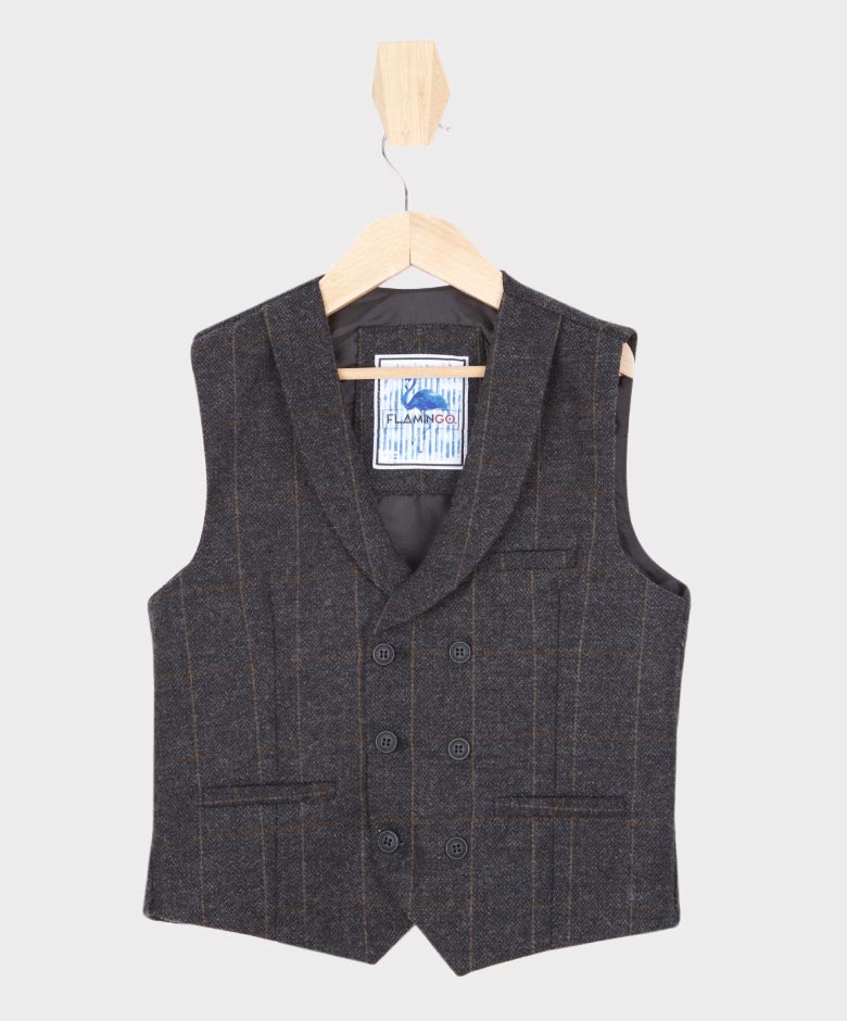 Tailored Fit Weste-Set für Jungen aus Tweed mit Fischgrätenmuster und Karomuster - Dunkelgrau