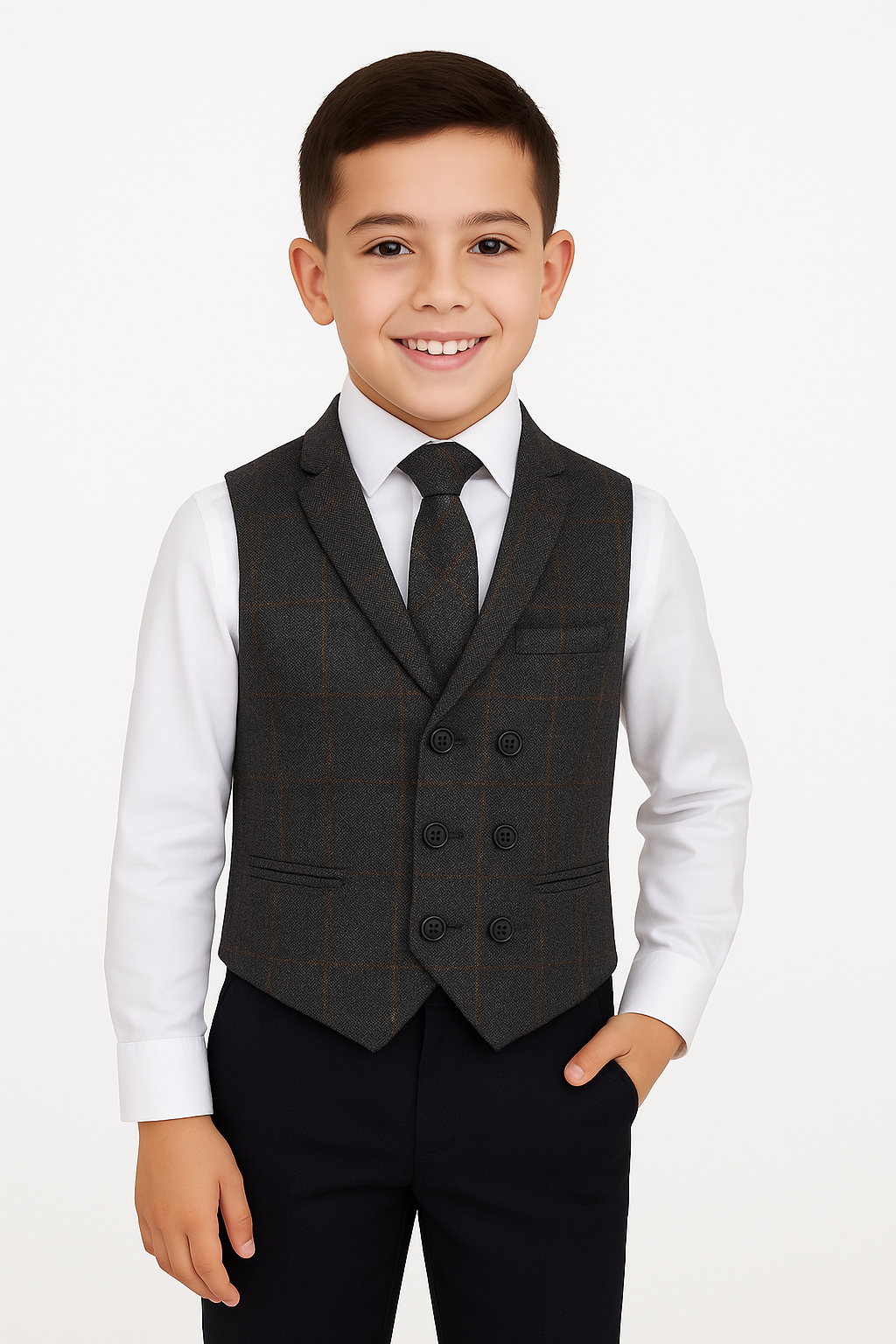 Tailored Fit Weste-Set für Jungen aus Tweed mit Fischgrätenmuster und Karomuster - Dunkelgrau