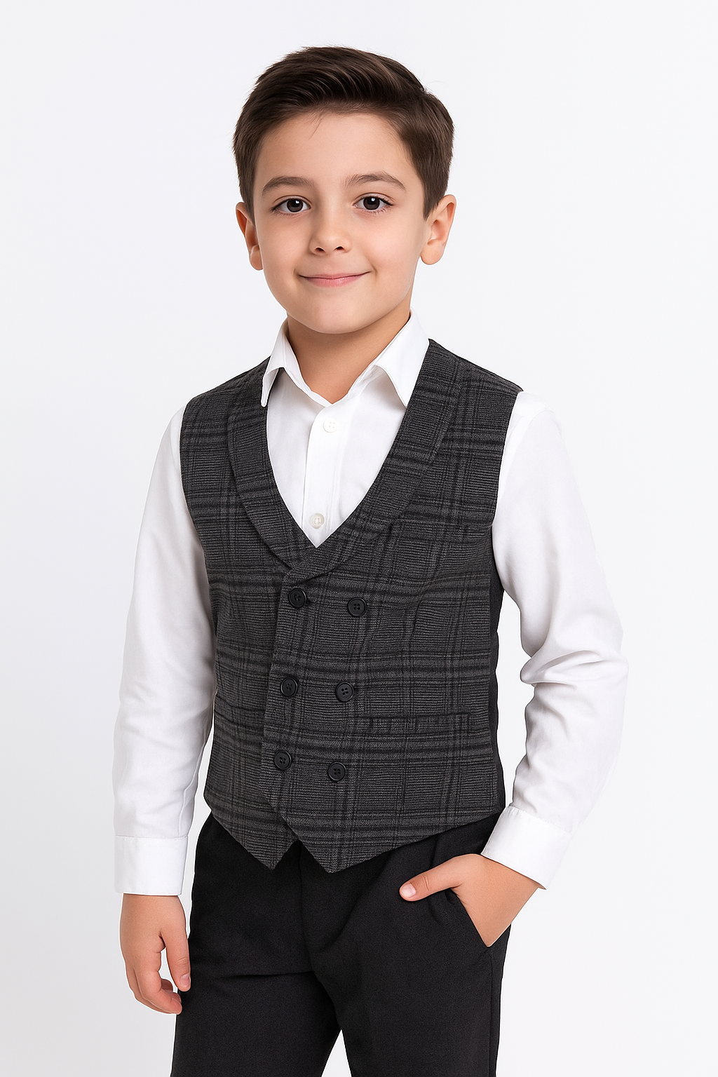 Boys Tailored Fit  Herringbone Tweed Check Waistcoat Set - Grey