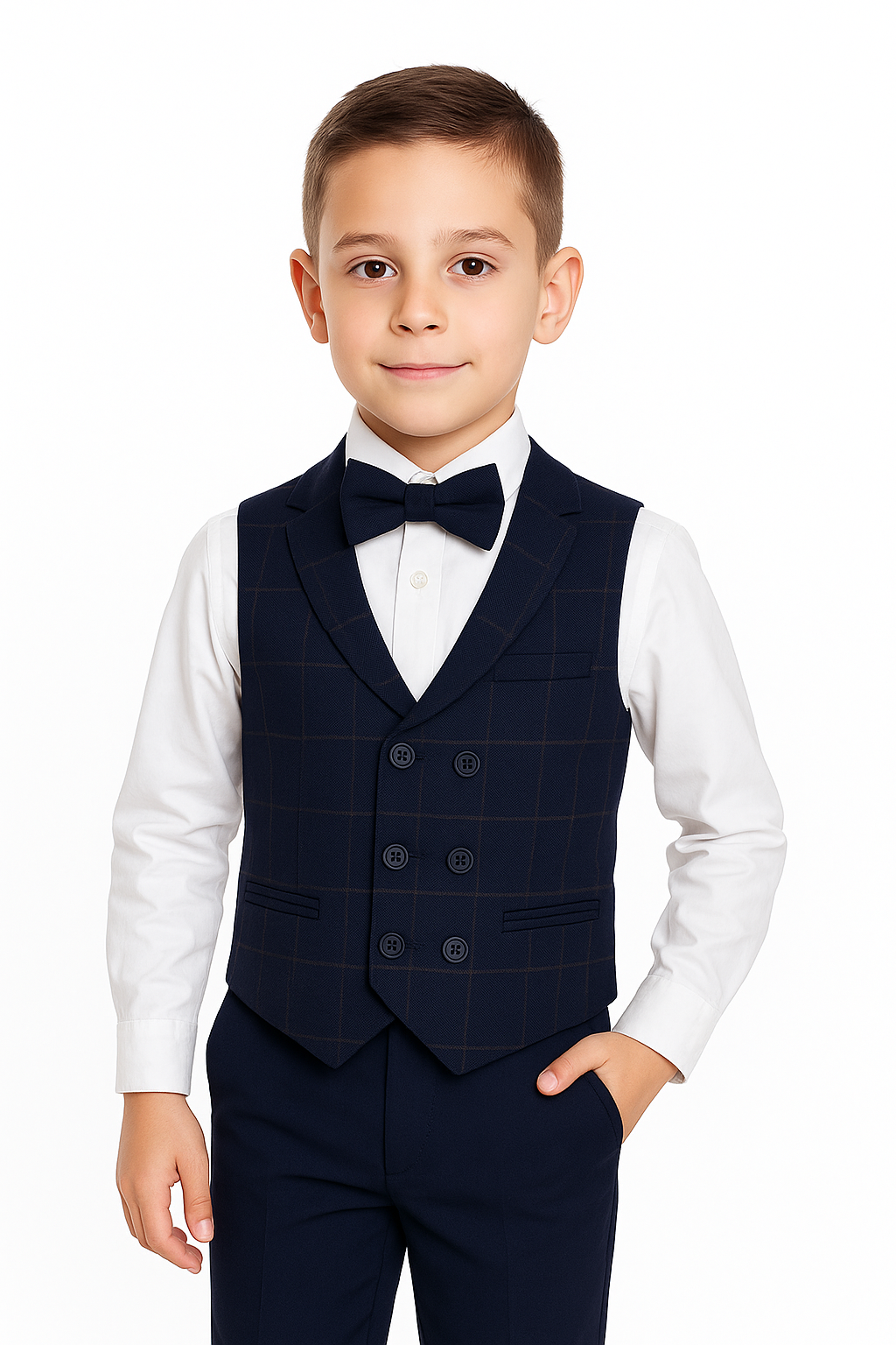 Boys Tailored Fit  Herringbone Tweed Check Waistcoat Set - Navy Blue Model with bowtie