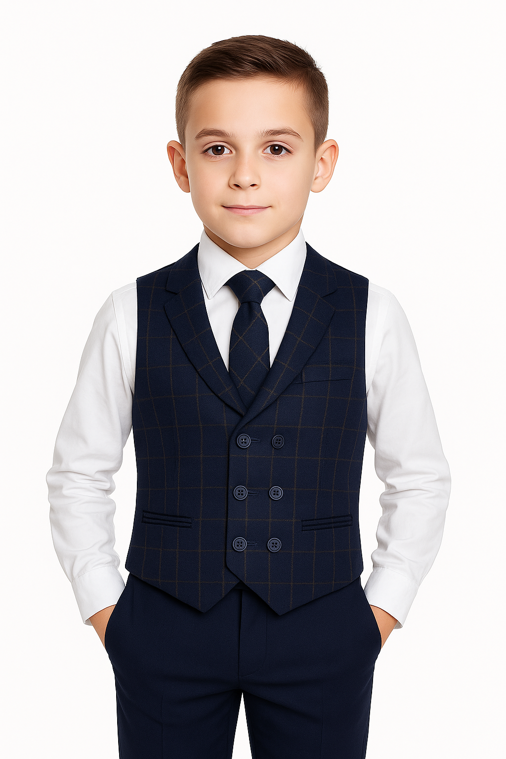 Boys Tailored Fit  Herringbone Tweed Check Waistcoat Set - Navy Blue Model Picture