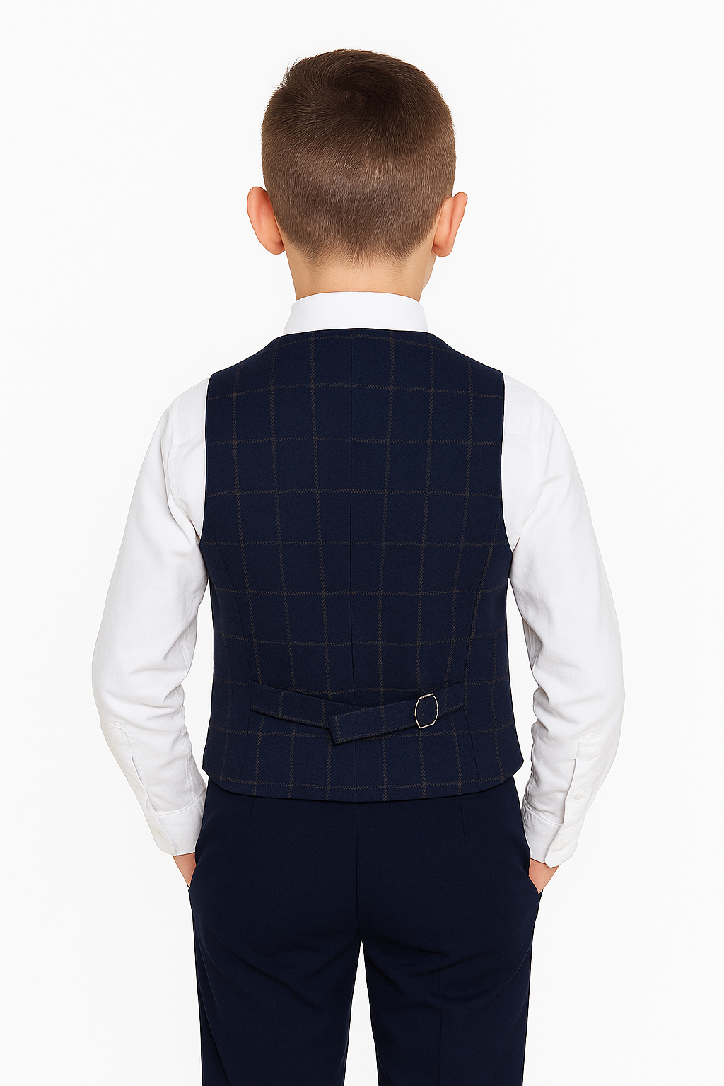 Boys Tailored Fit  Herringbone Tweed Check Waistcoat Set - Navy Blue Back Picture