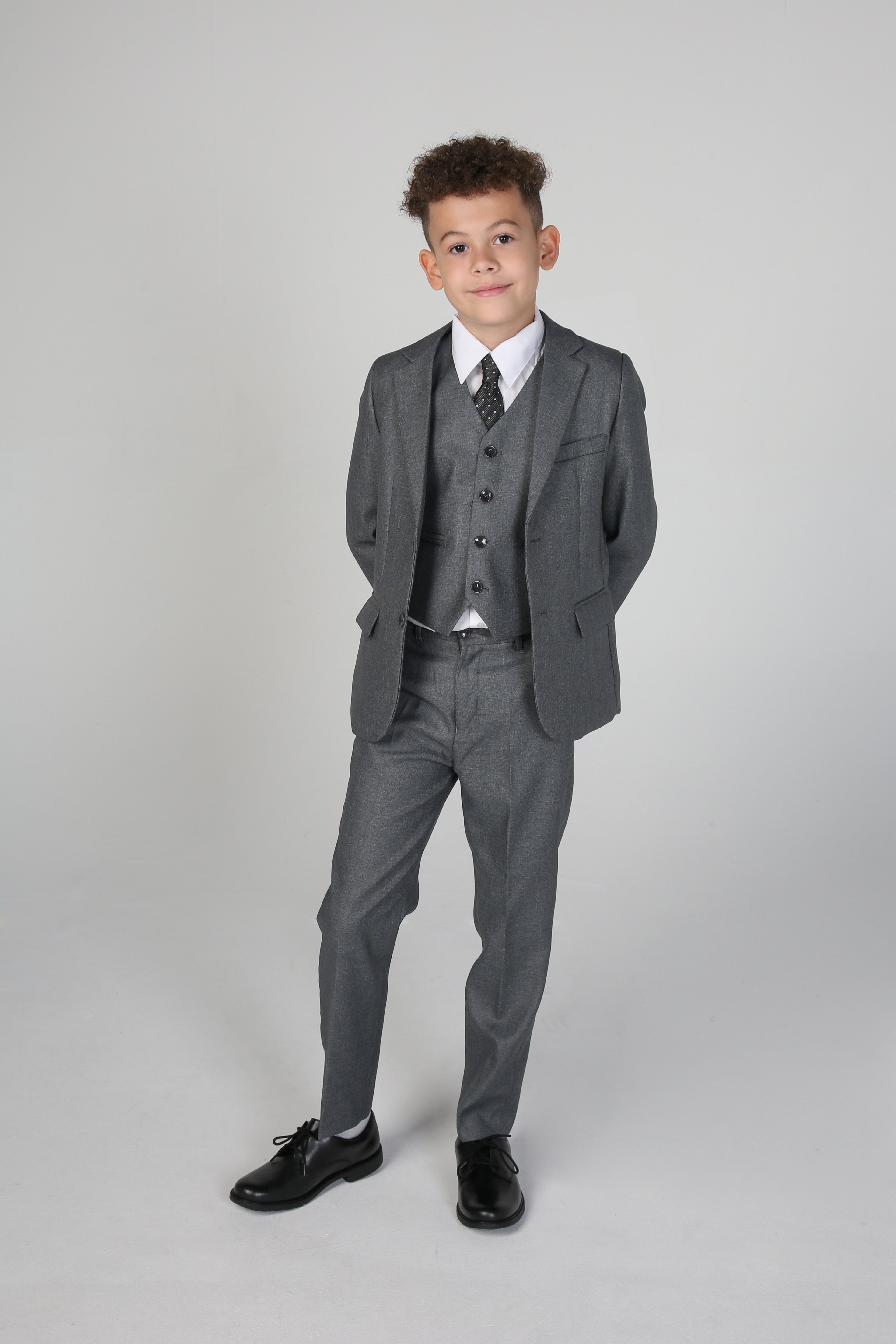 Costume garçon coupe ajustée formelle mariage ensemble 6 pièces en Gris