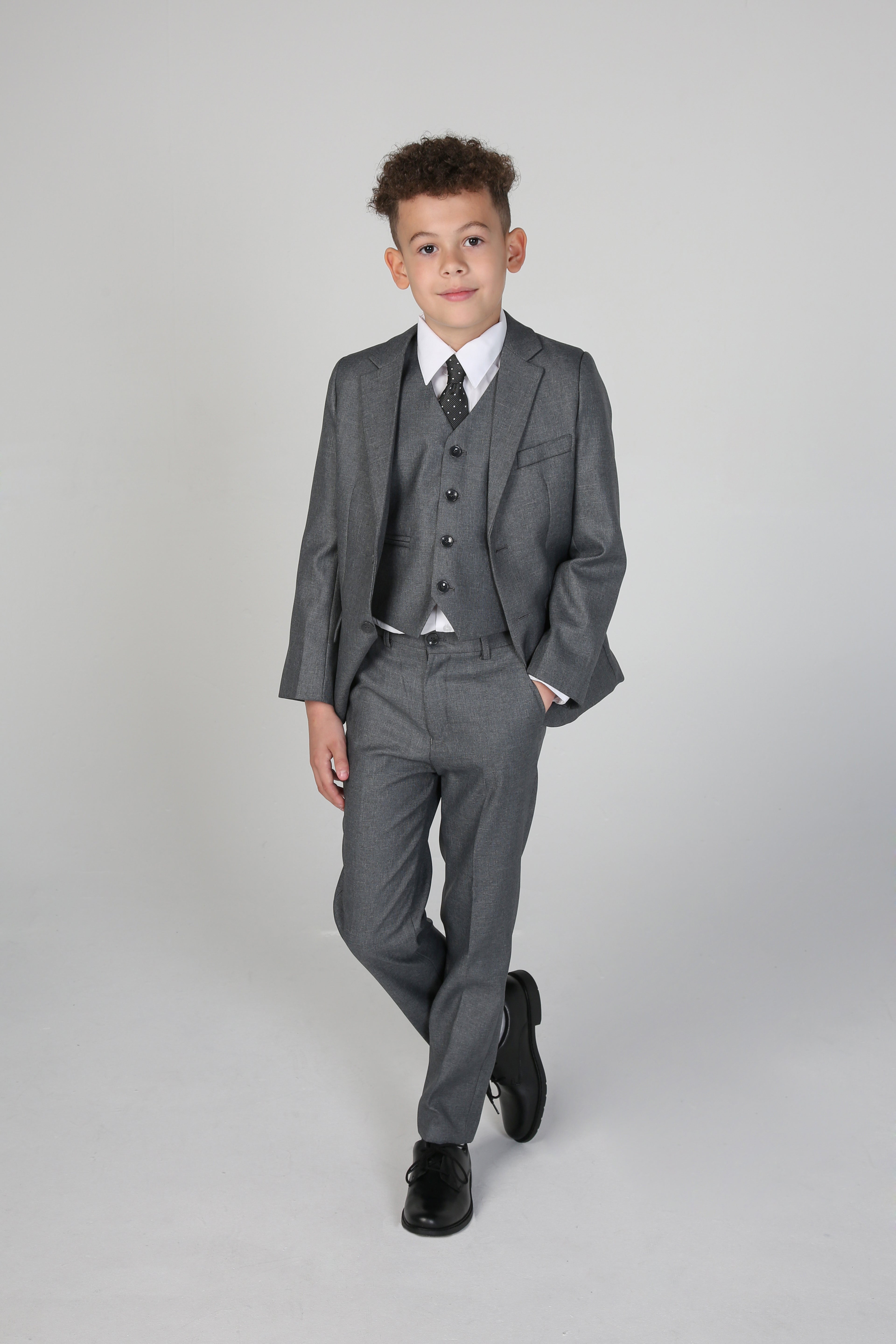 Costume garçon coupe ajustée formelle mariage ensemble 6 pièces en Gris