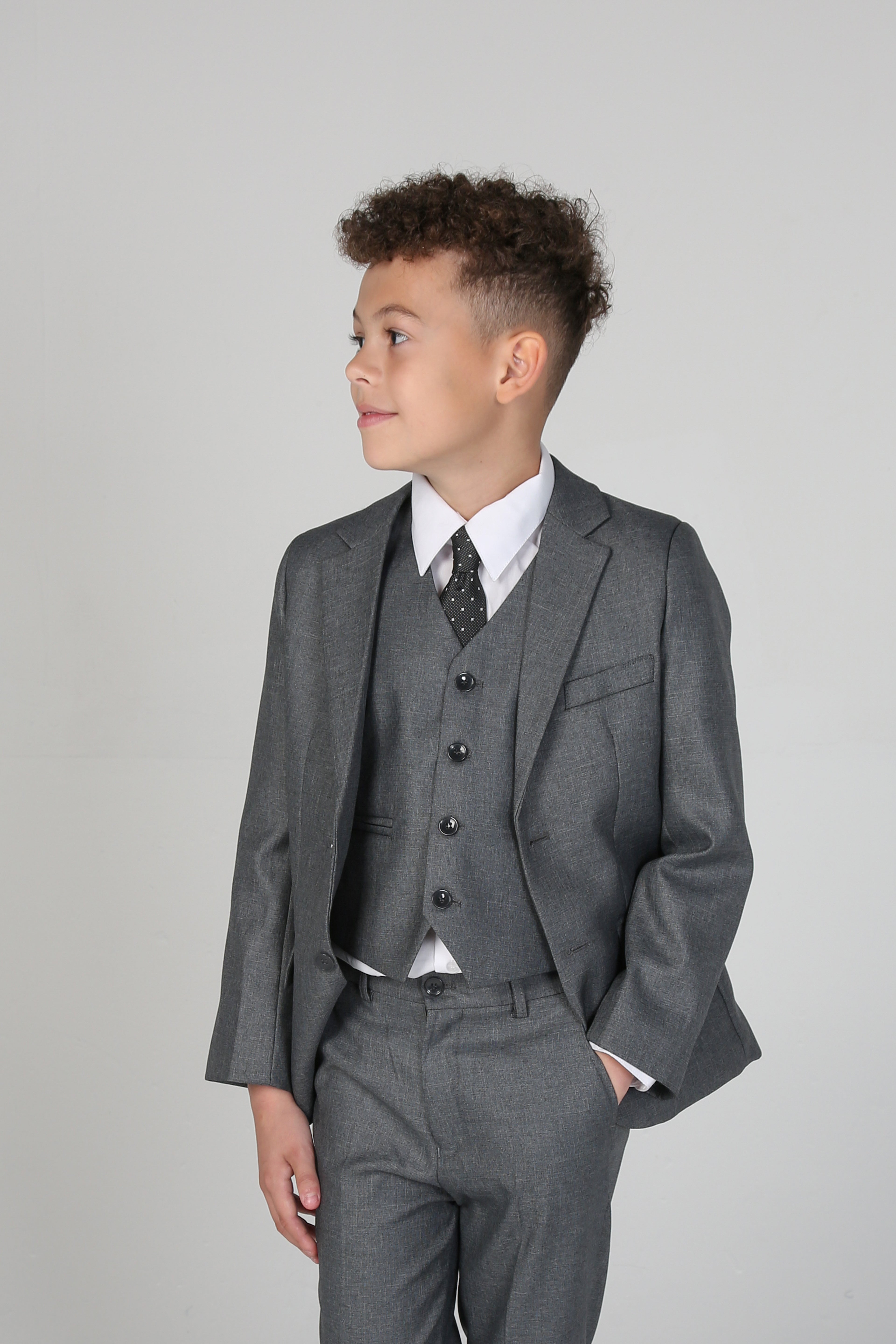 Costume garçon coupe ajustée formelle mariage ensemble 6 pièces en Gris