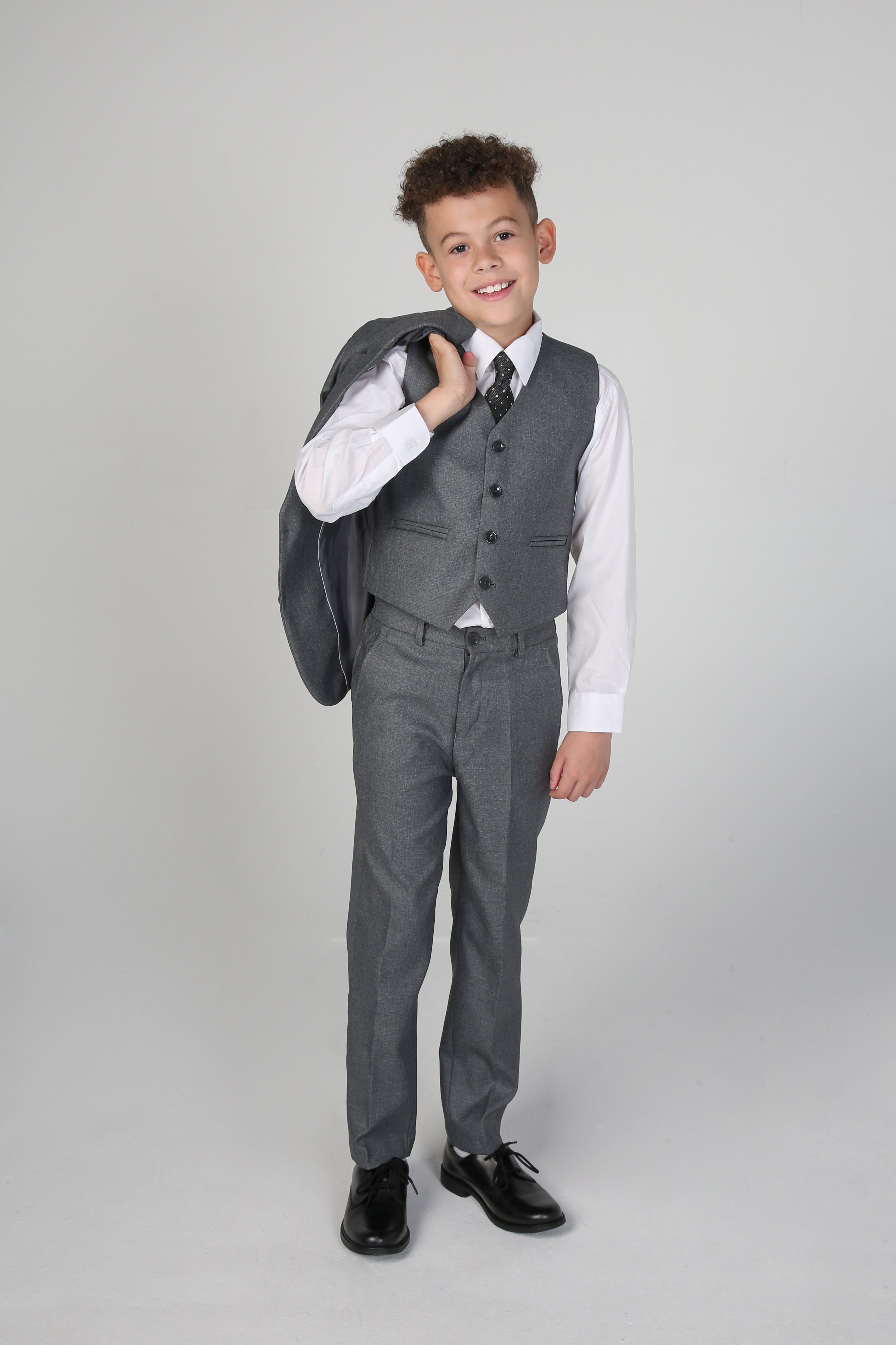 Costume garçon coupe ajustée formelle mariage ensemble 6 pièces en Gris
