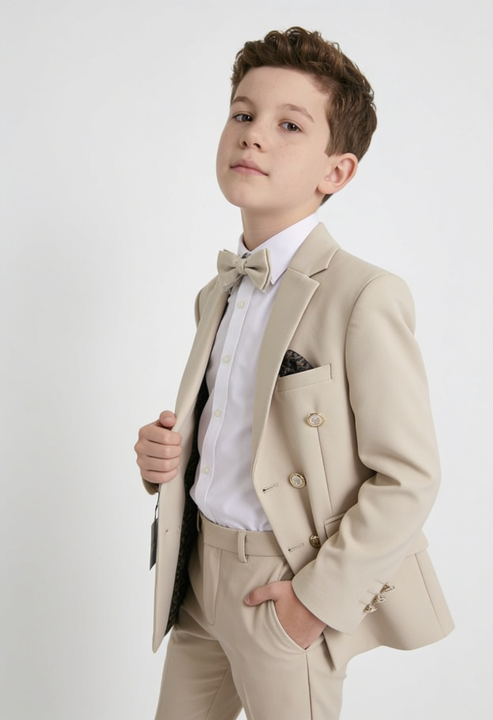 Boys Textured Double Breasted Blazer - Beige