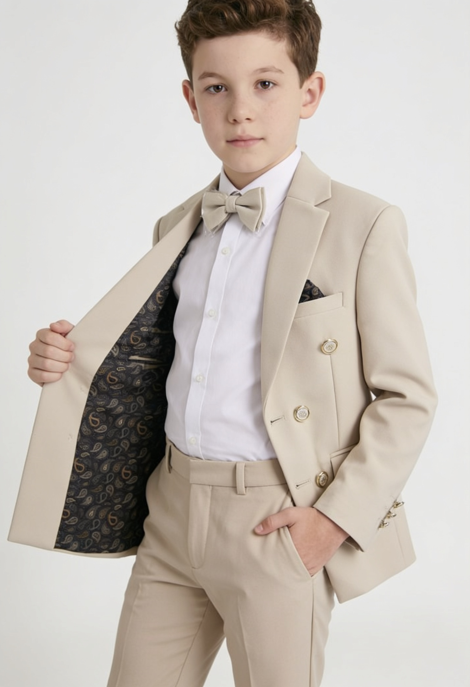 Boys Textured Double Breasted Blazer - Beige