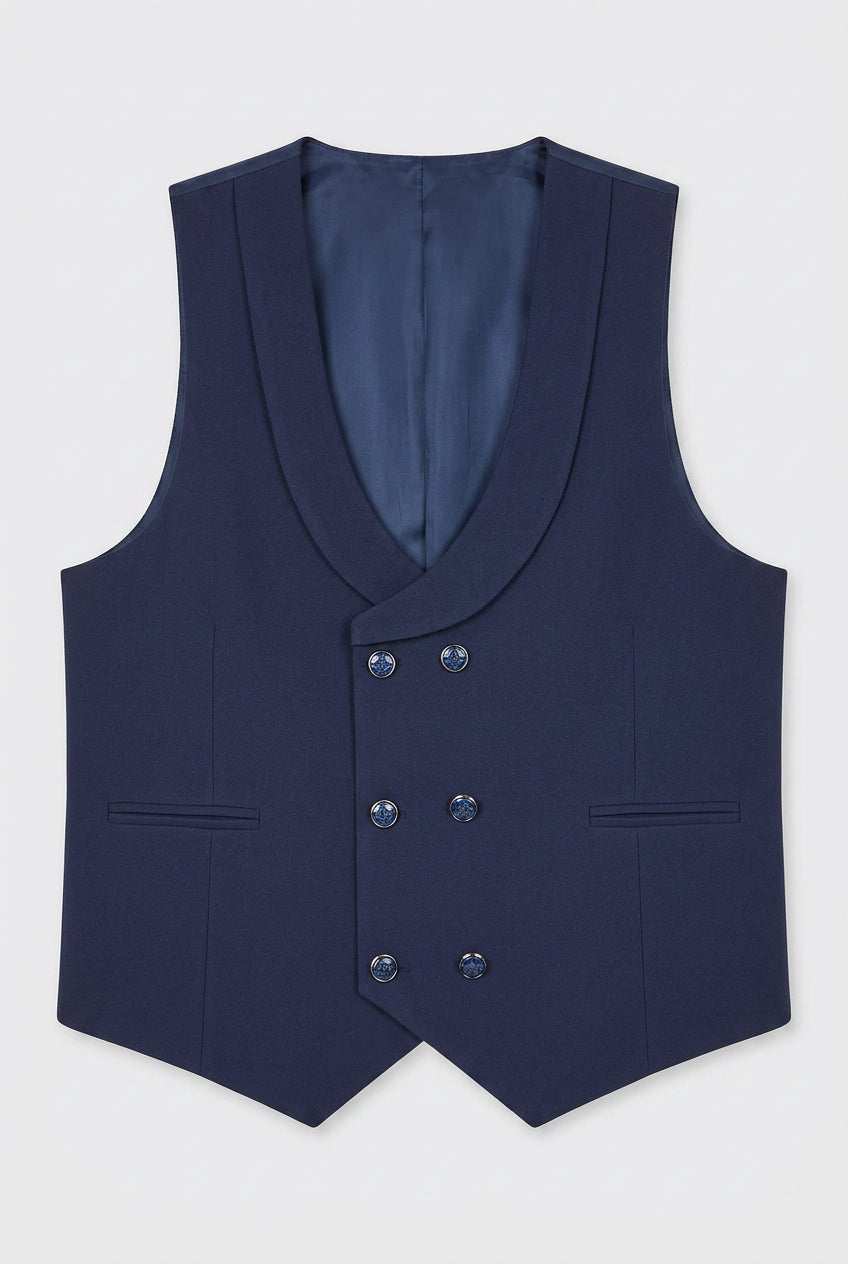 Boys navy tuxedo blazer back view with single centre vent
