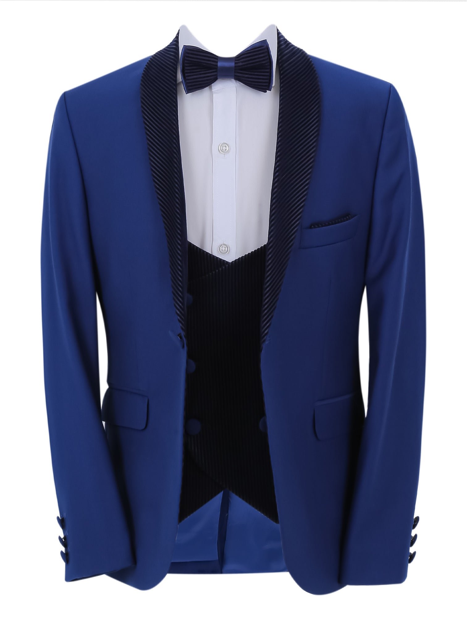 Boys Tuxedo Suit - Corduroy Velvet Waistcoat & shawl lapel - Royal Blue Front Picture