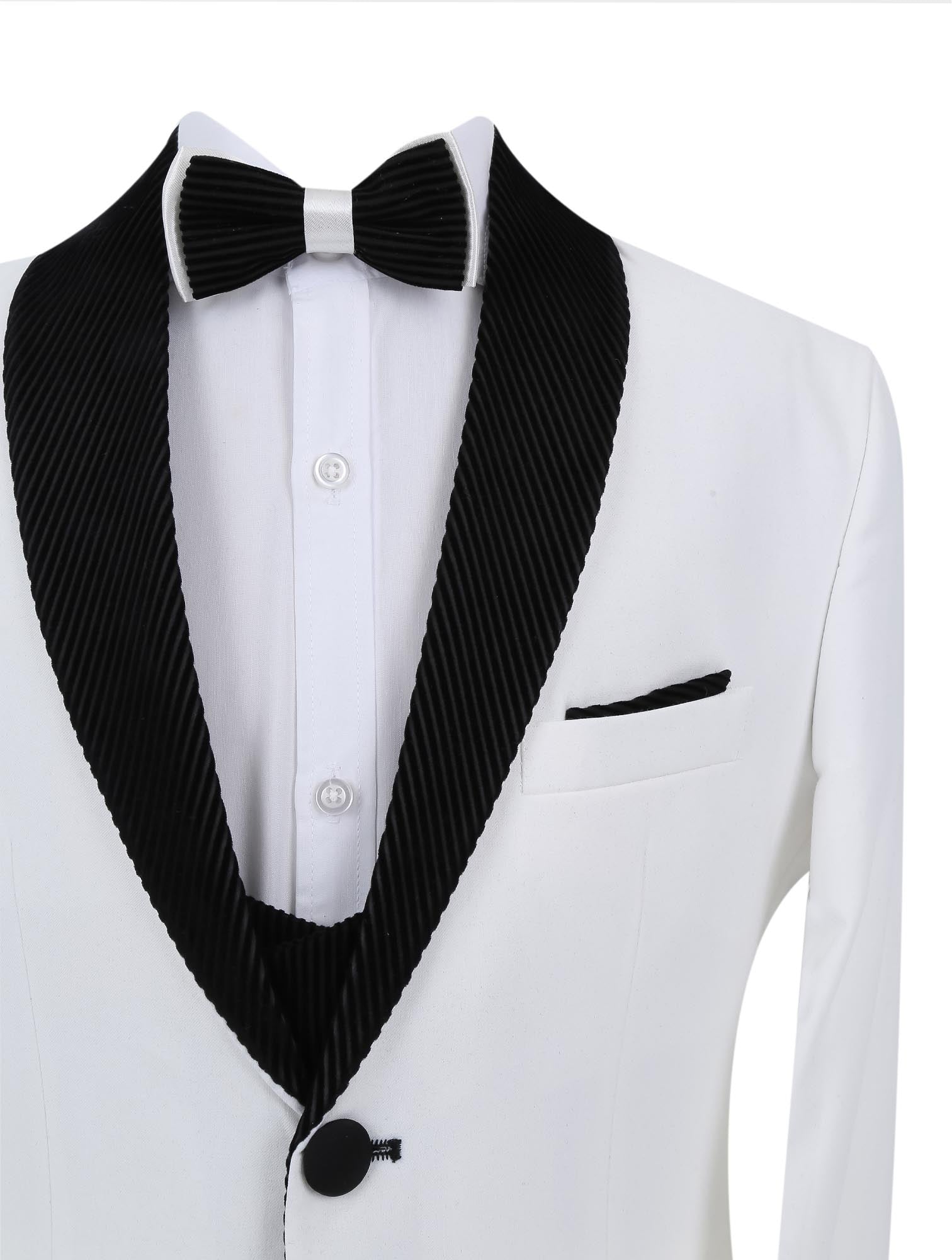 Boys Tuxedo Suit - Corduroy Velvet Waistcoat & shawl lapel - White- Black Detail Picture