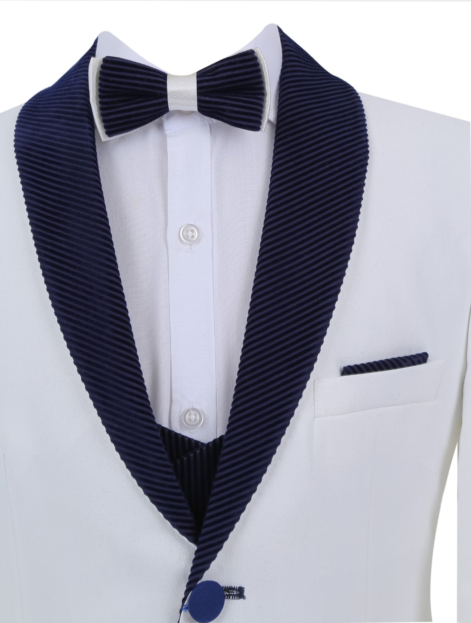Boys Tuxedo Suit - Corduroy Velvet Waistcoat & shawl lapel - White- Navy Blue Detail Picture