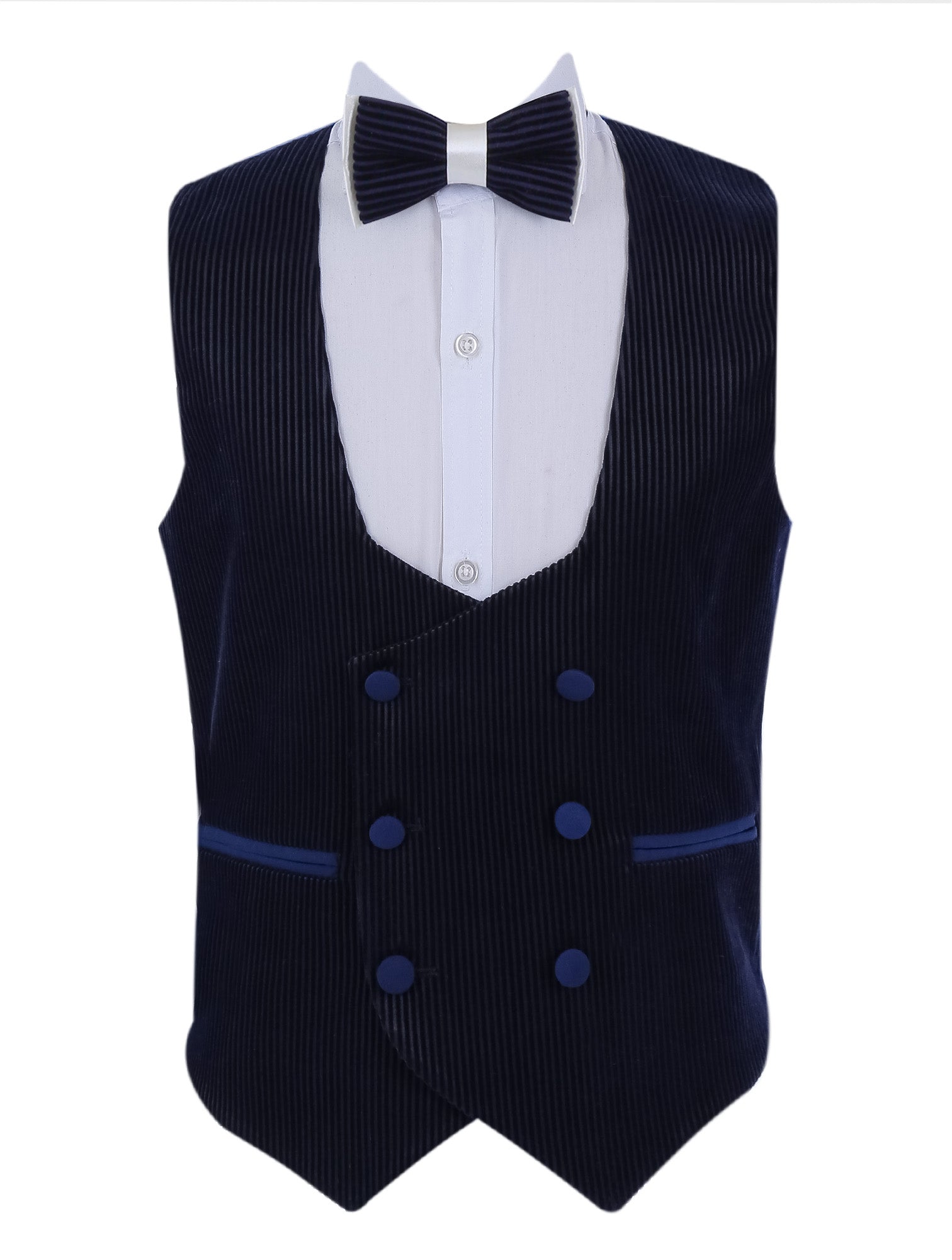 Boys Tuxedo Suit - Corduroy Velvet Waistcoat & shawl lapel - White- Navy Blue Waistcoat Picture