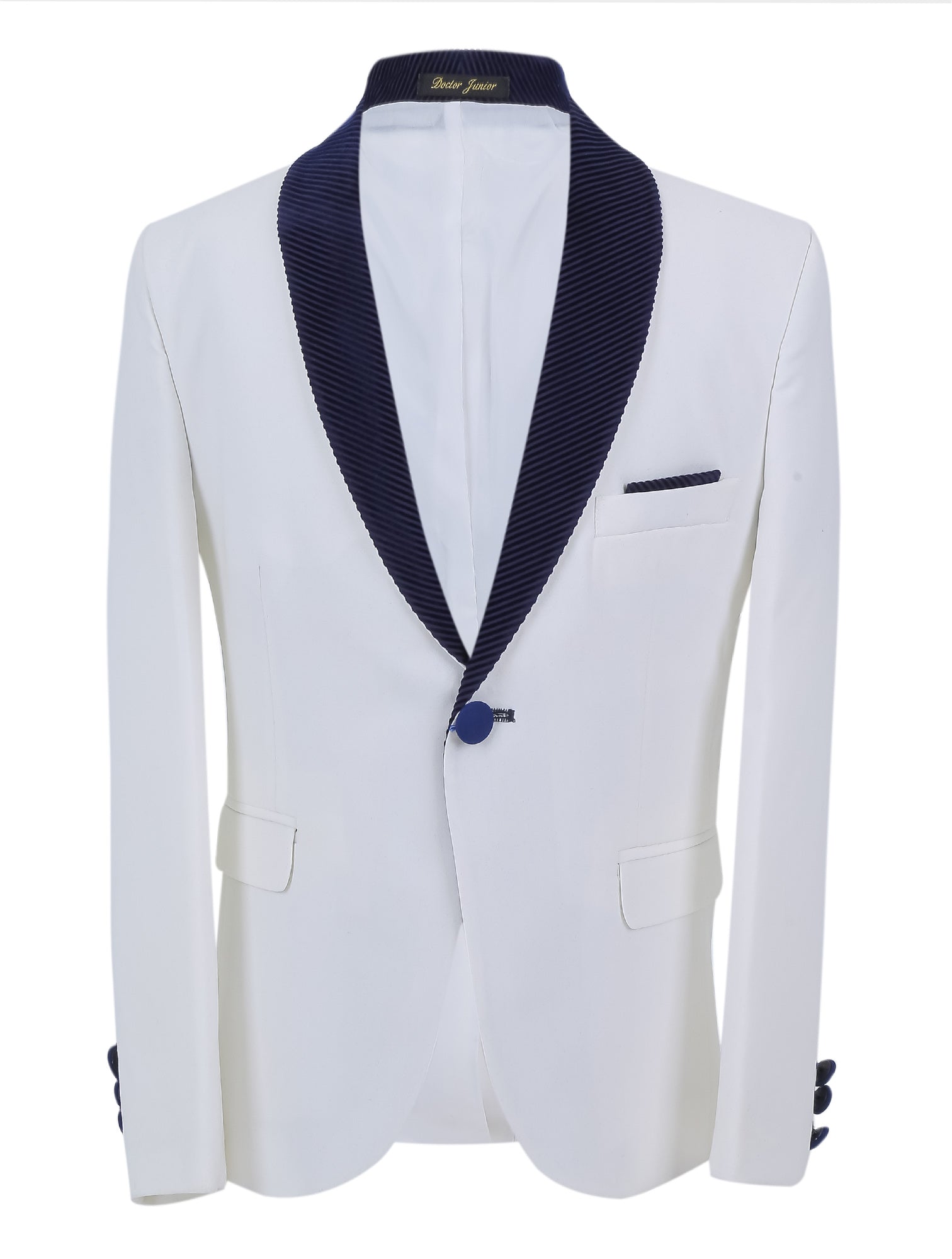 Boys Tuxedo Suit - Corduroy Velvet Waistcoat & shawl lapel - White- Navy Blue Front Picture