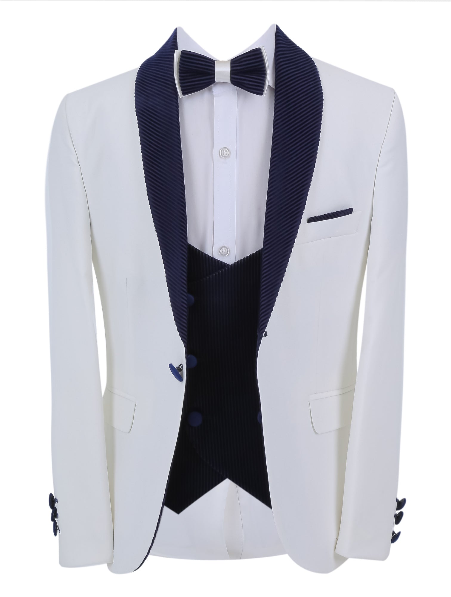 Boys Tuxedo Suit - Corduroy Velvet Waistcoat & shawl lapel - White- Navy Blue Front Open Picture
