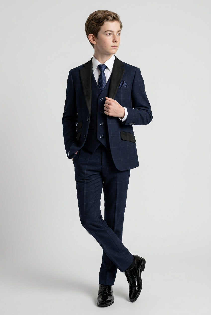 Traje para niños con estampado de ventana tipo tweed y cuello en contraste - Azul marino