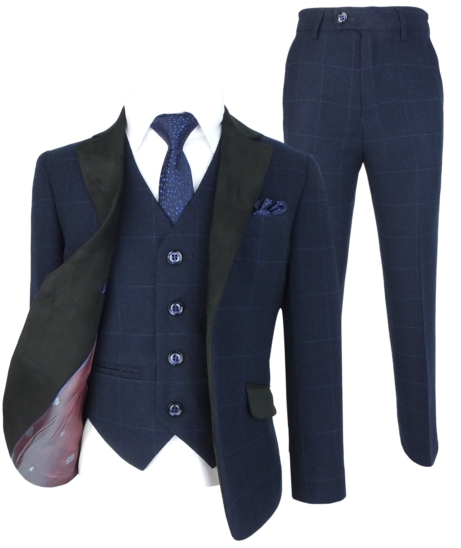 Traje para niños con estampado de ventana tipo tweed y cuello en contraste - Azul marino