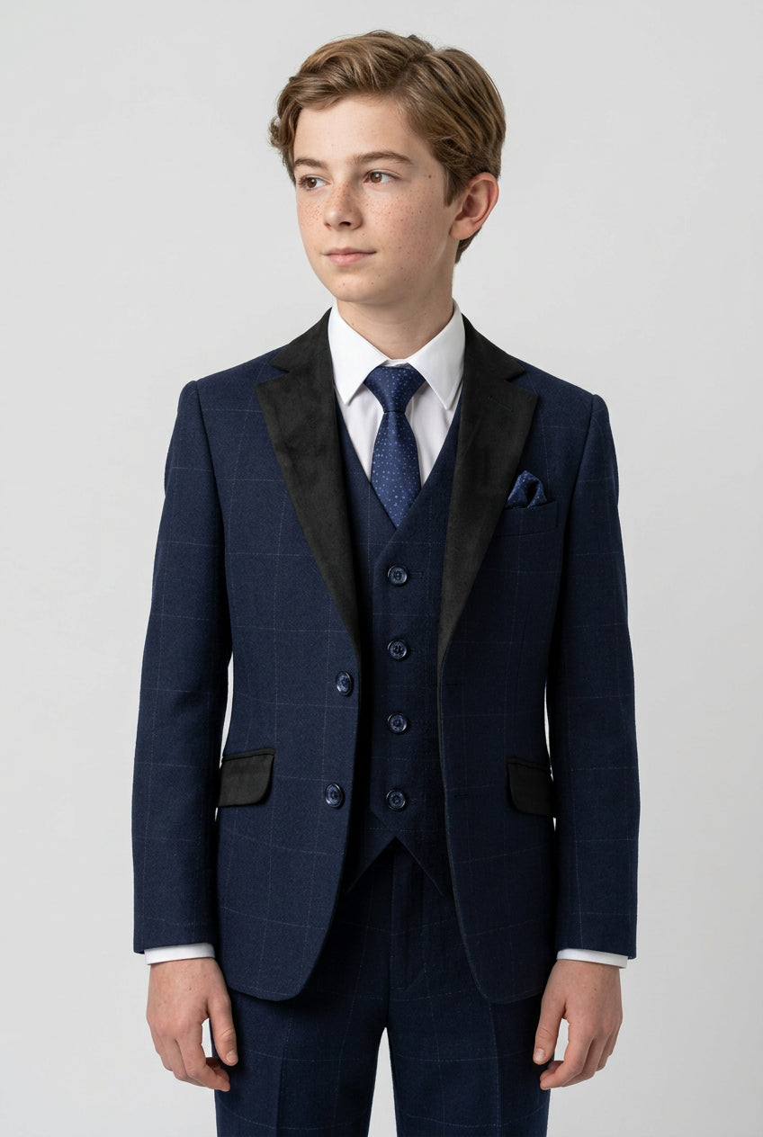 Traje para niños con estampado de ventana tipo tweed y cuello en contraste - Azul marino