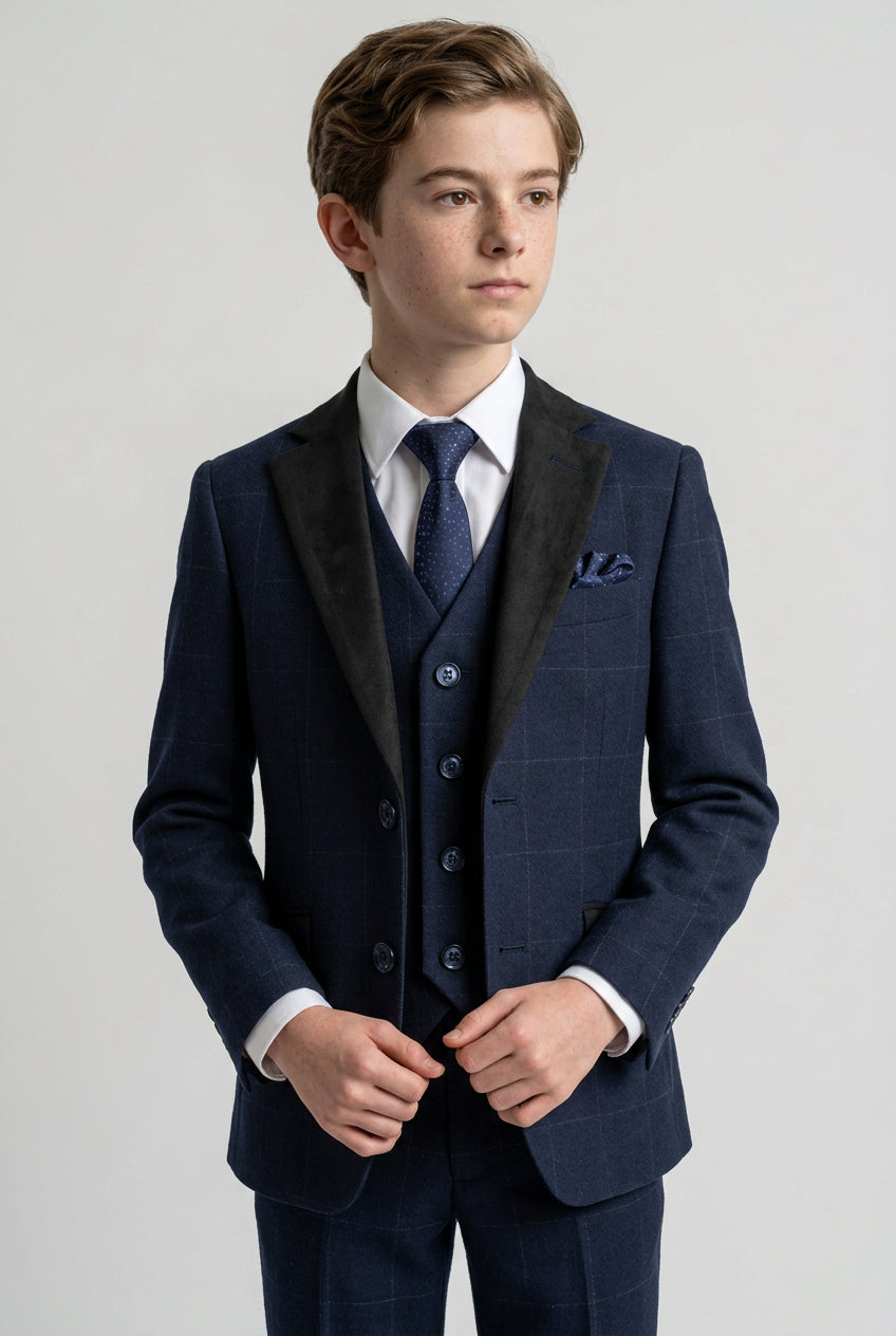 Traje para niños con estampado de ventana tipo tweed y cuello en contraste - Azul marino