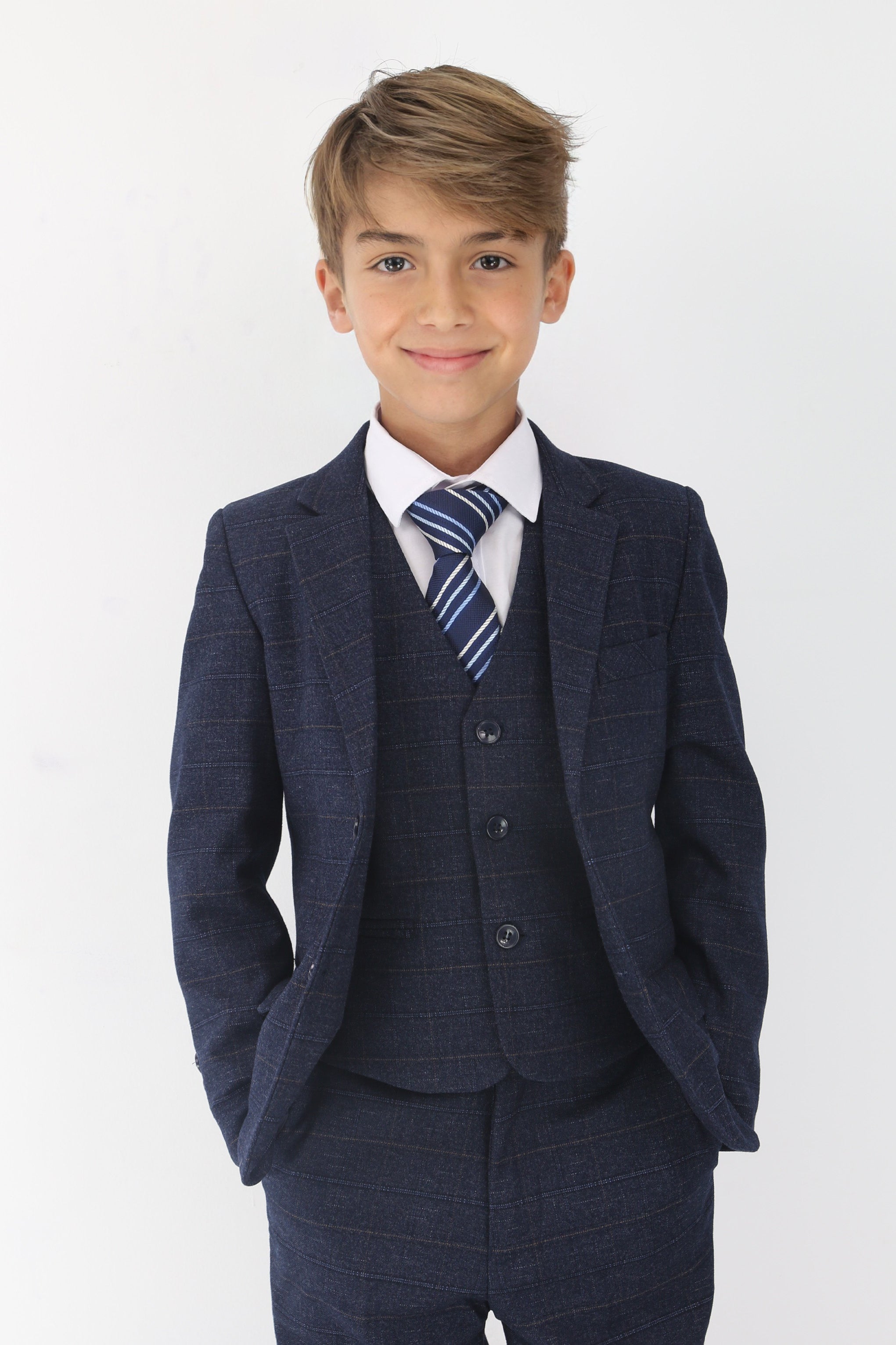 Conjunto de traje formal para niños con ajuste entallado y estampado de cuadros tipo tweed - Azul marino