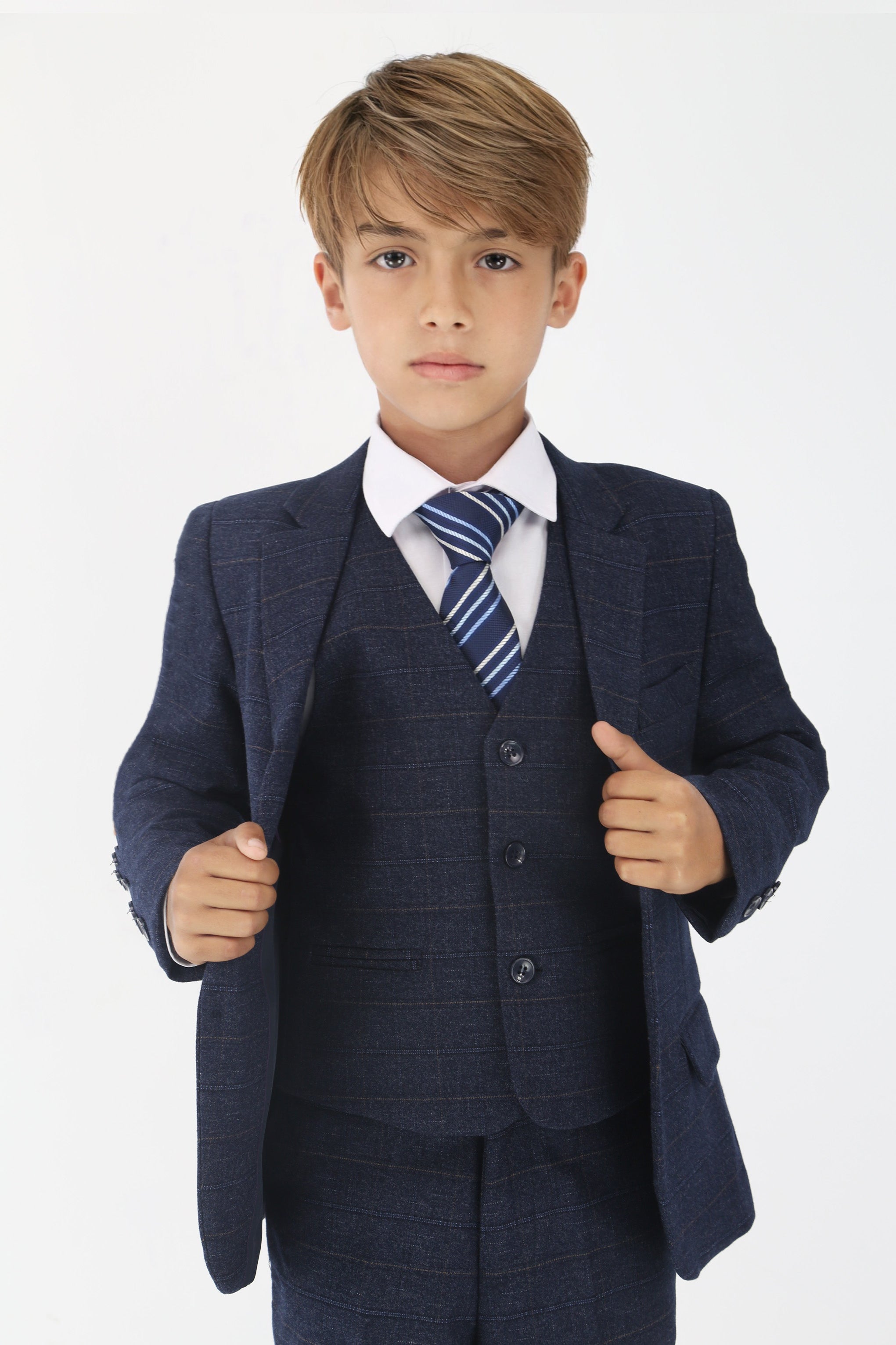 Conjunto de traje formal para niños con ajuste entallado y estampado de cuadros tipo tweed - Azul marino