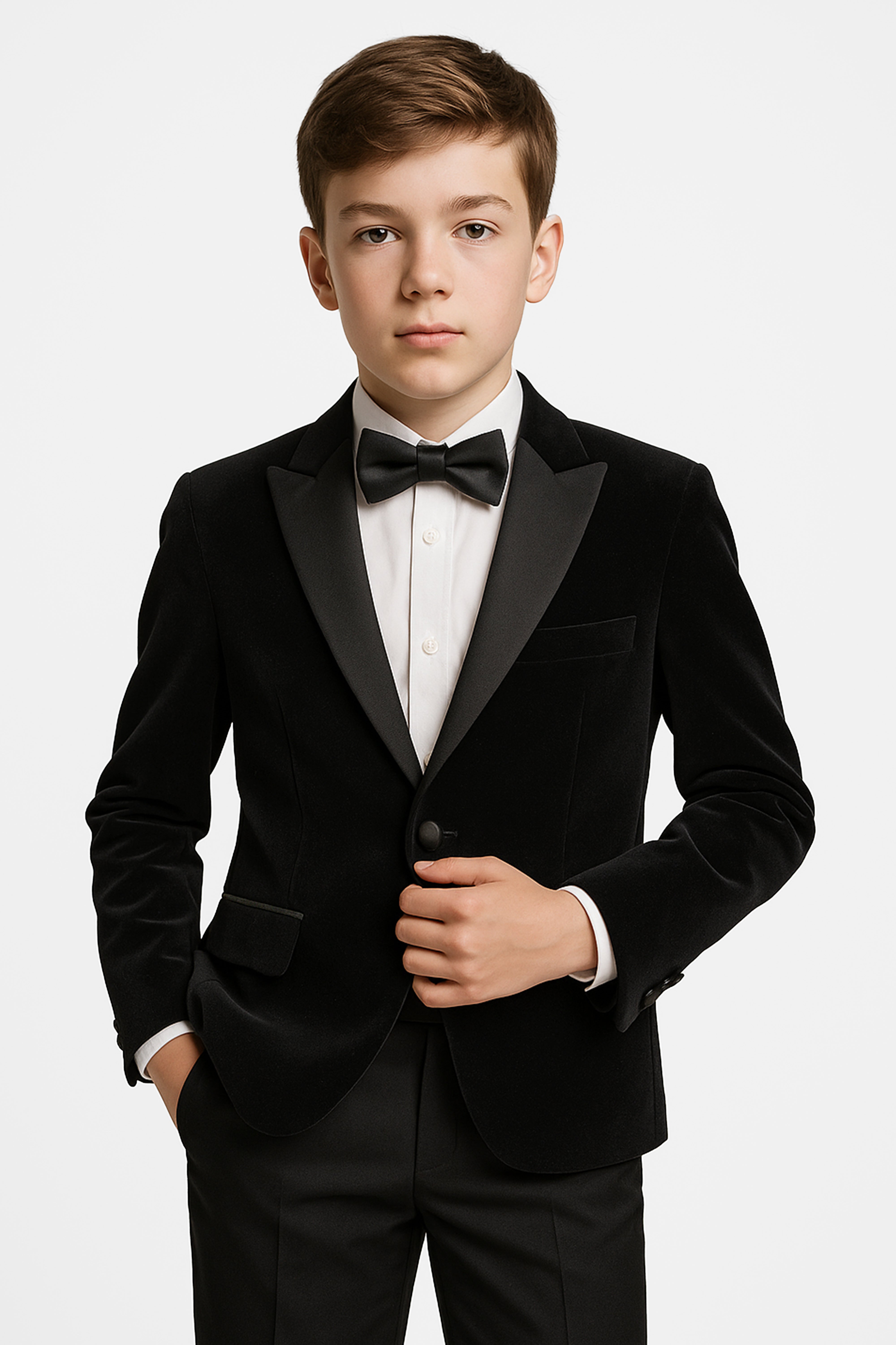 Boys Velvet Blazer Satin Lapel Dinner Jacket - Black Model Picture
