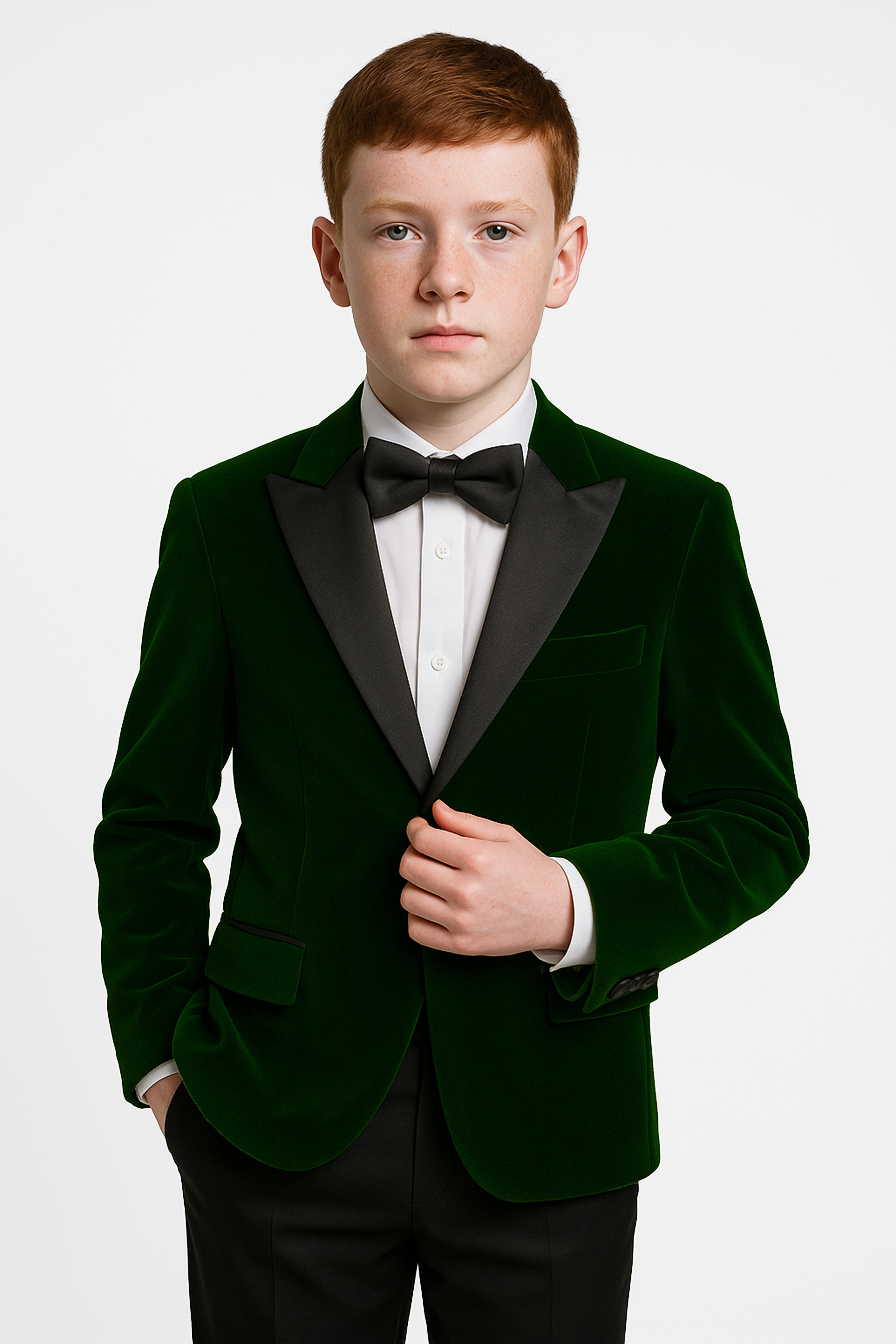 Boys Velvet Blazer Satin Lapel Dinner Jacket - Green Model Picture