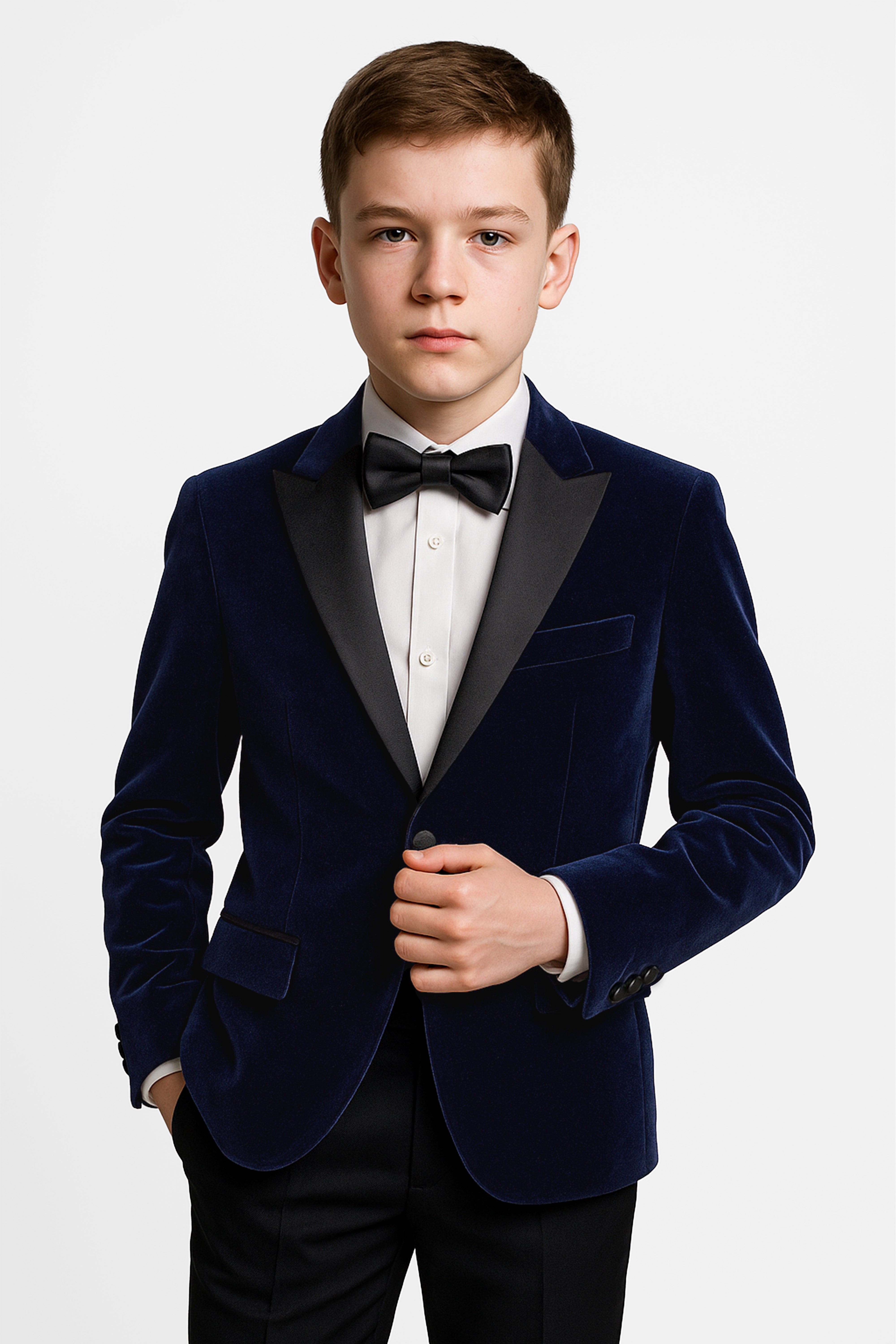 Boys Velvet Blazer Satin Lapel Dinner Jacket - Mayfair - Navy Blue Model Picture