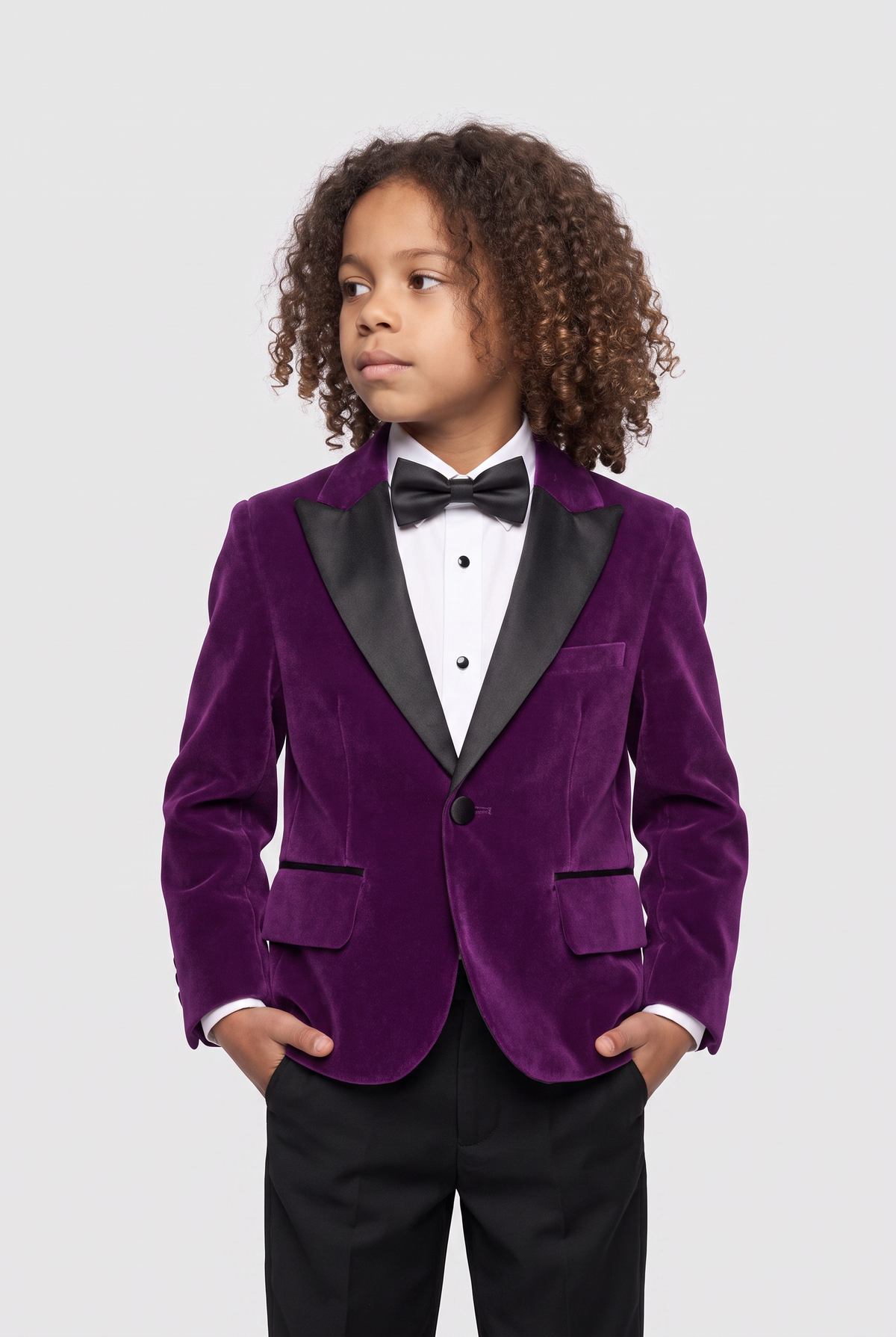 Boys Velvet Blazer Satin Lapel Dinner Jacket - Mayfair - Purple Model Picture
