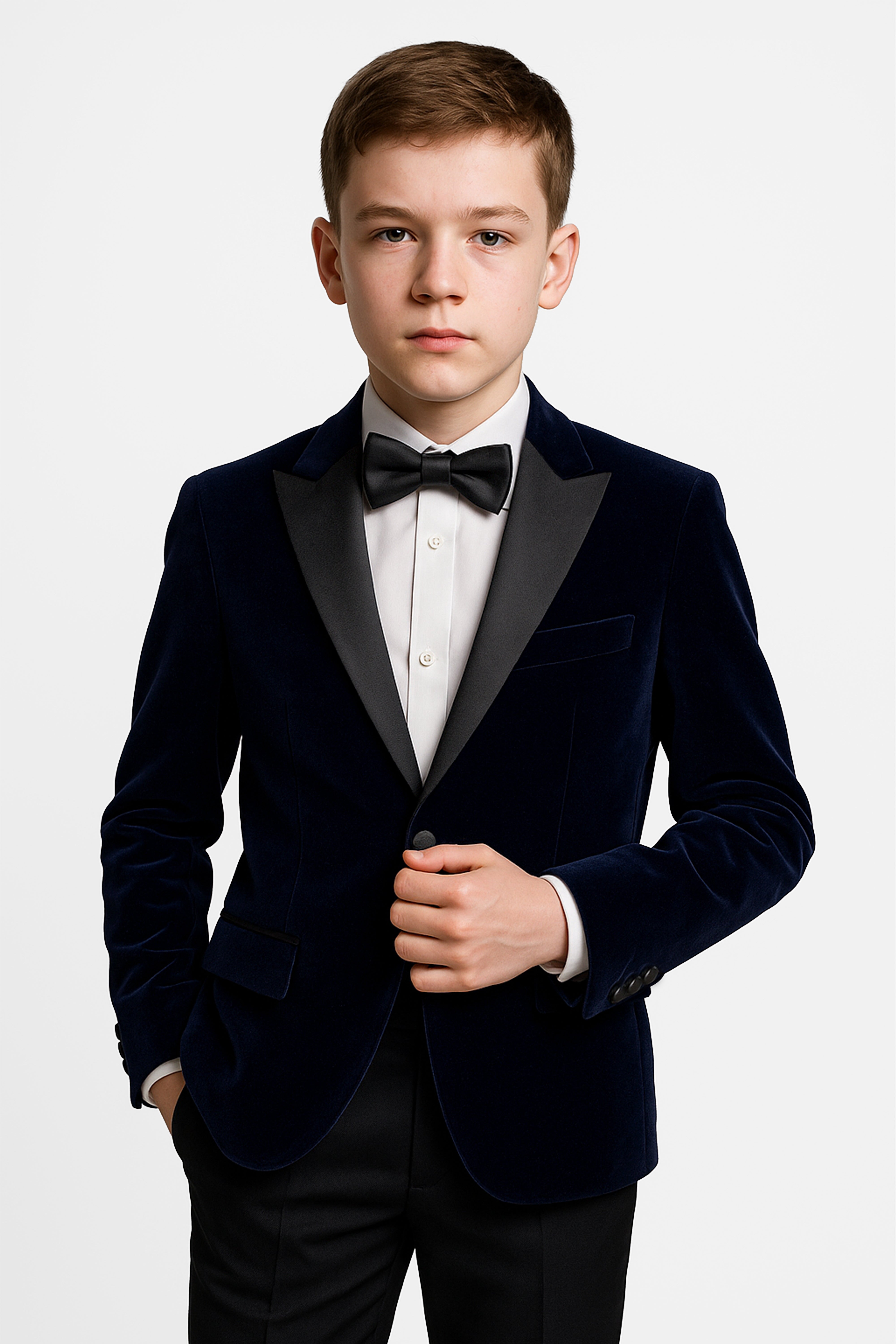 Boys Velvet Blazer Satin Lapel Dinner Jacket - Navy Blue Model Picture