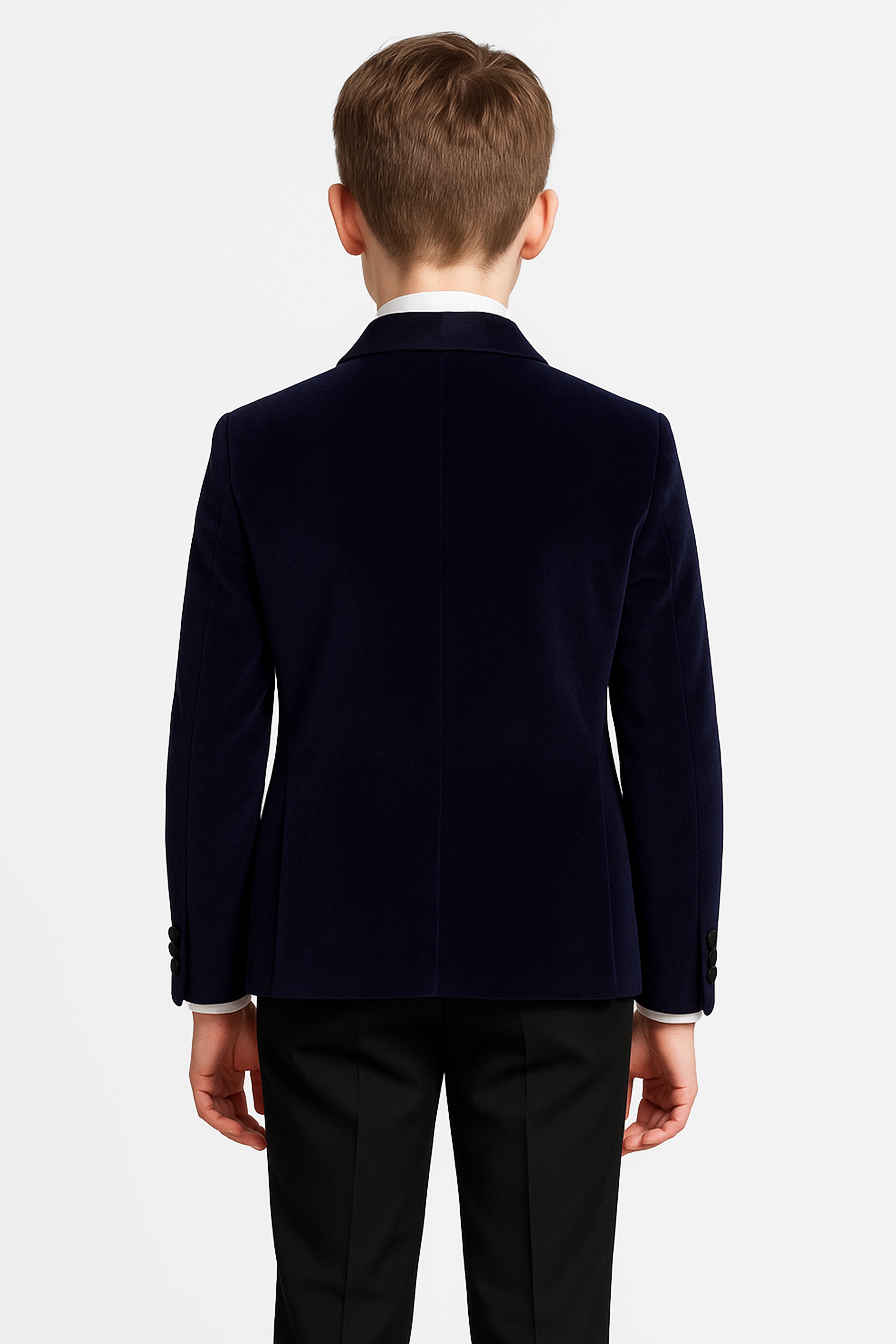 Boys Velvet Blazer Satin Lapel Dinner Jacket - Navy Blue Back Picture