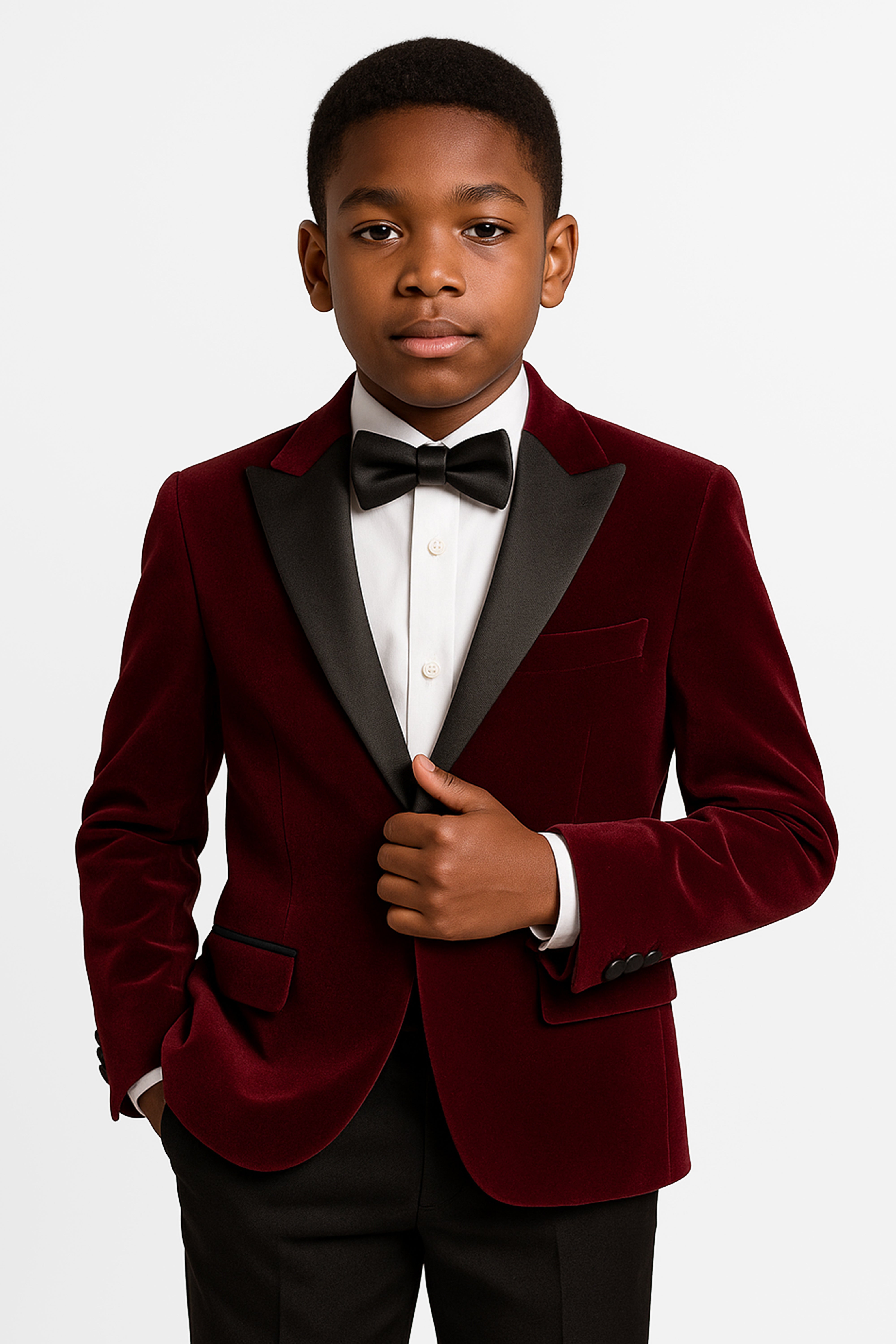 Boys Velvet Blazer Satin Lapel Dinner Jacket - Wine Model Picture