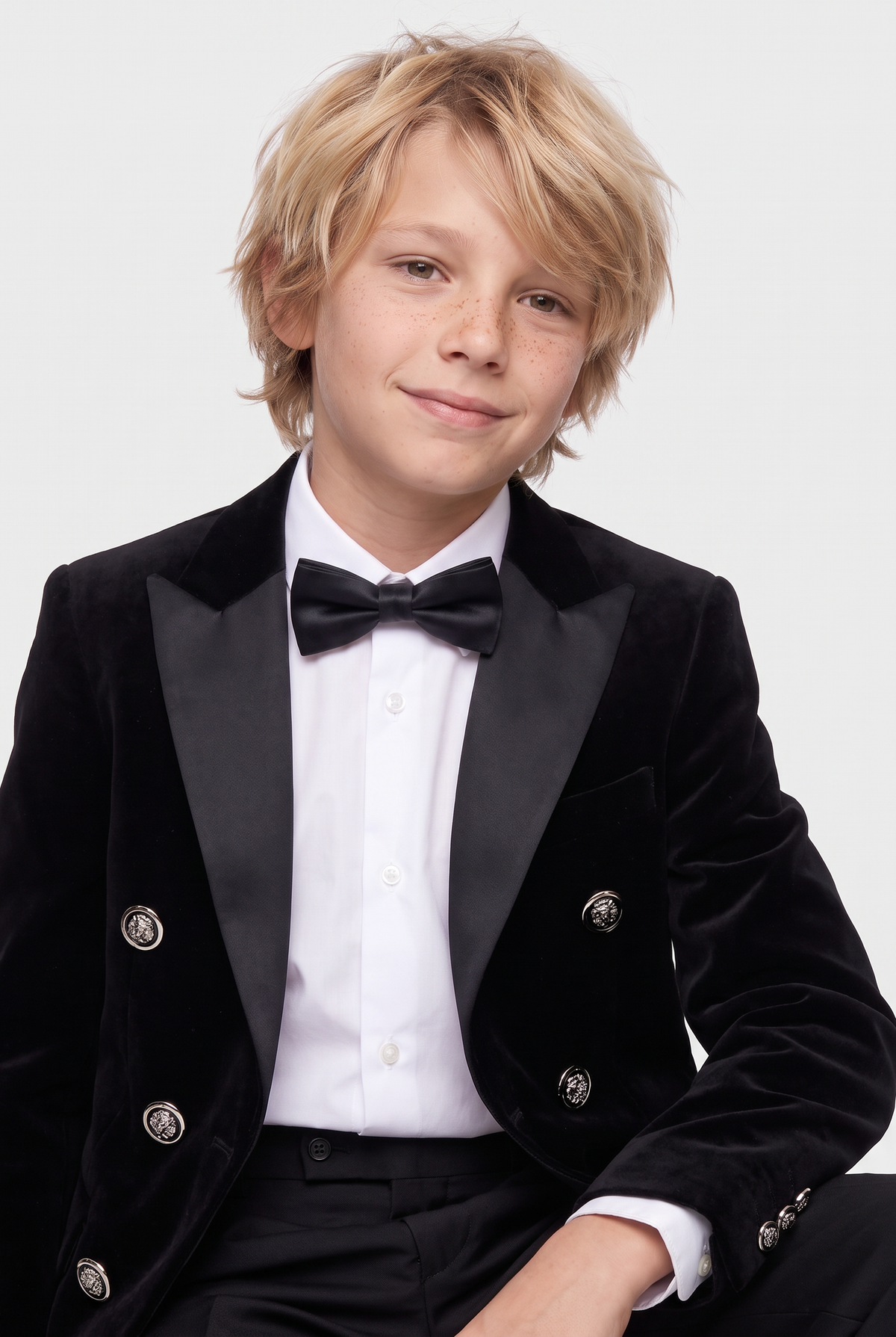 Boys Velvet Double Breasted Dinner Jacket - Black Model  Picture
