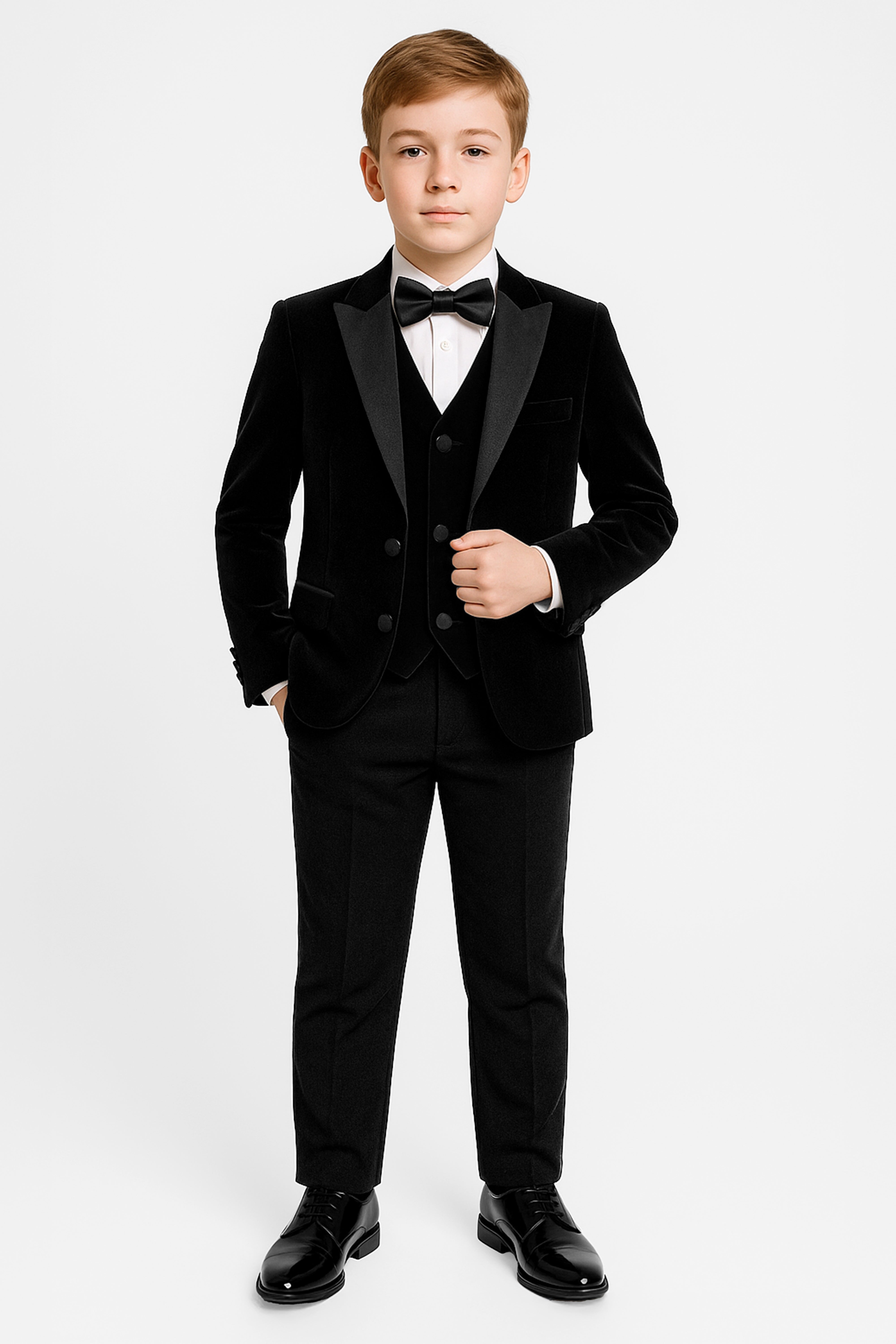 Boys Velvet Satin Lapel Dinner Suit Set - 3-Piece & 5-Piece - MAYFAIR - Black Model Front Picture