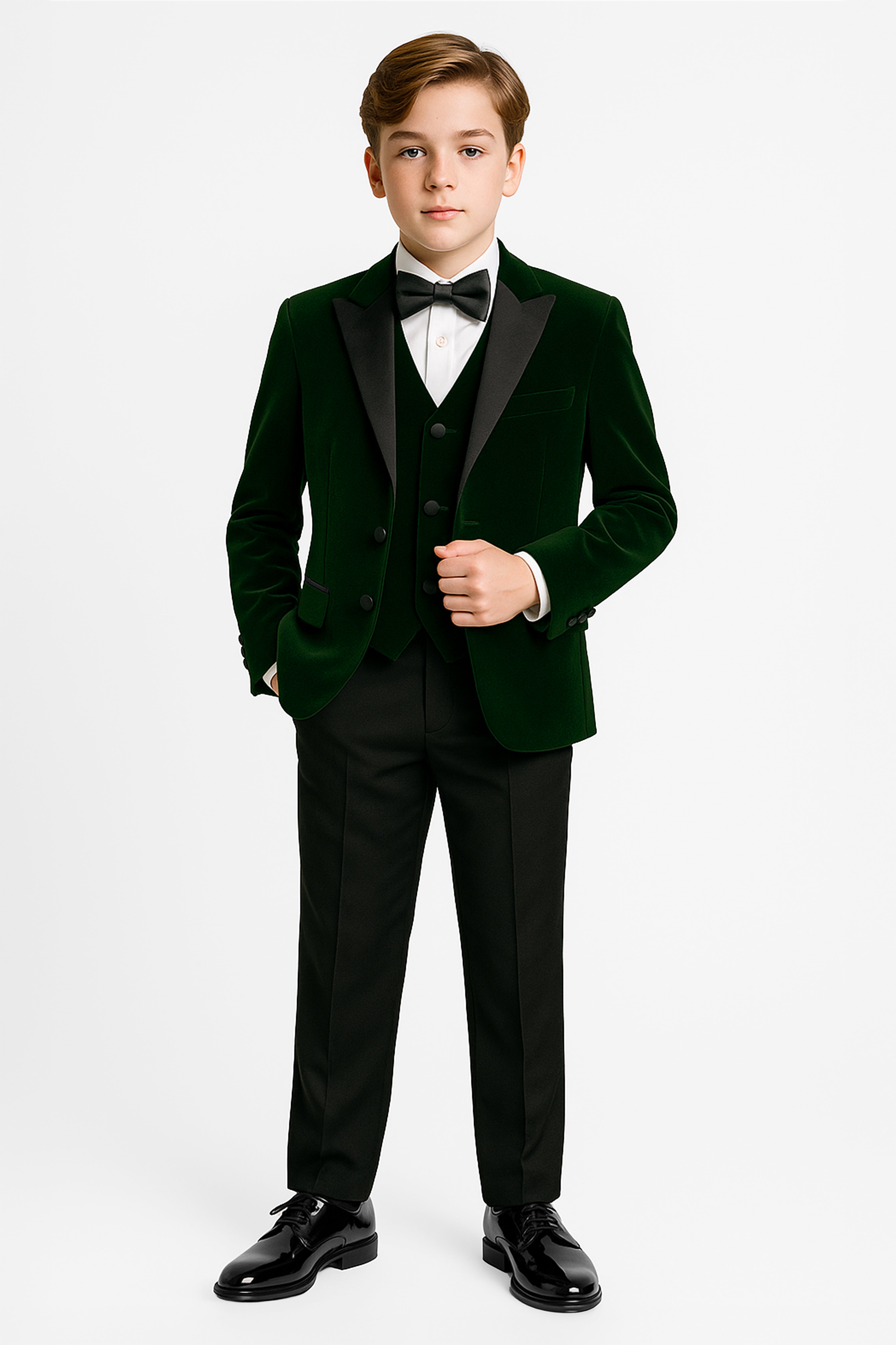 Boys Velvet Satin Lapel Dinner Suit Set - 3-Piece & 5-Piece - MAYFAIR - Green -Front picture