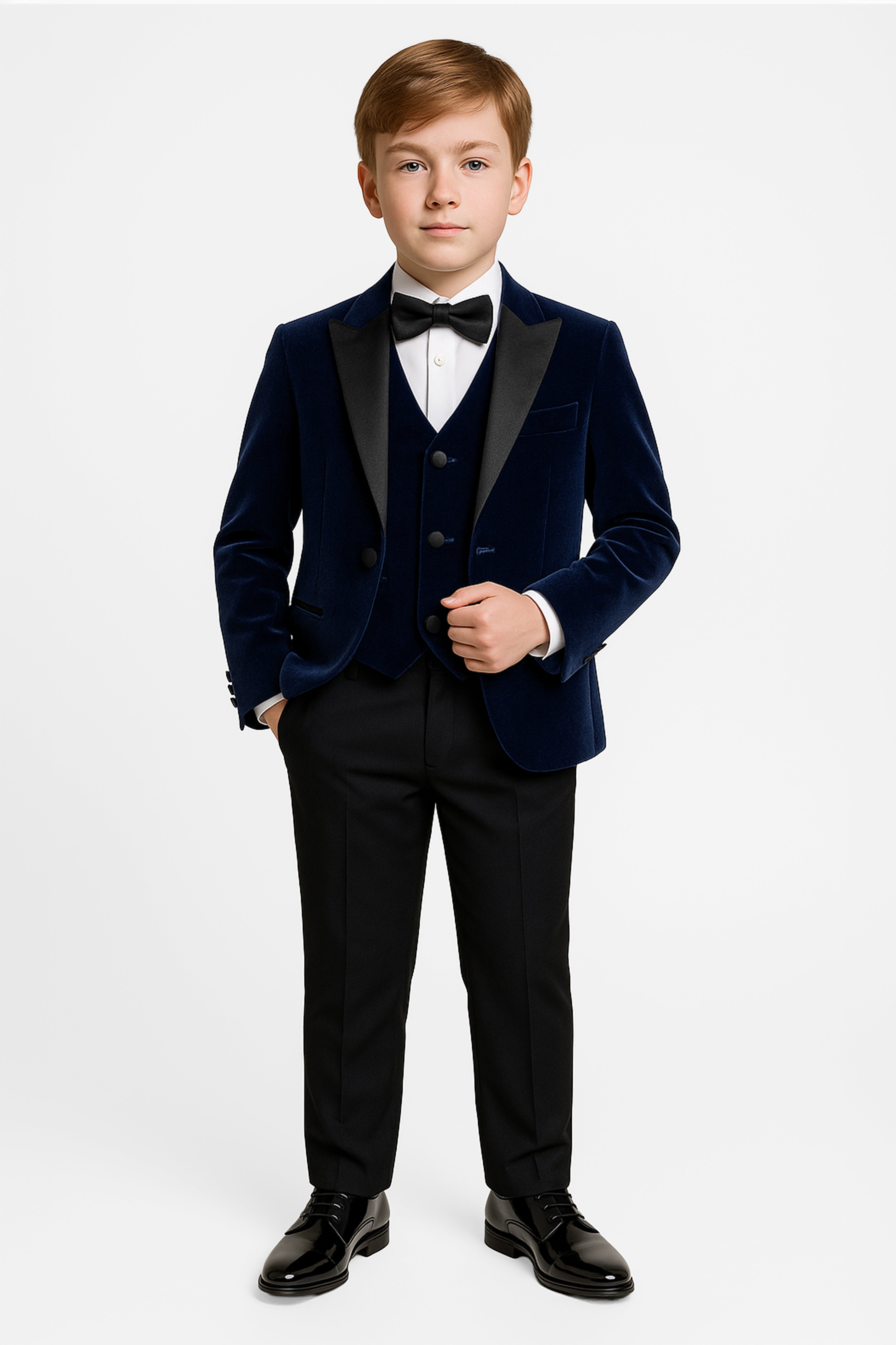Boys Velvet Satin Lapel Dinner Suit Set - 3-Piece & 5-Piece - MAYFAIR -  Navy Blue Model Picture