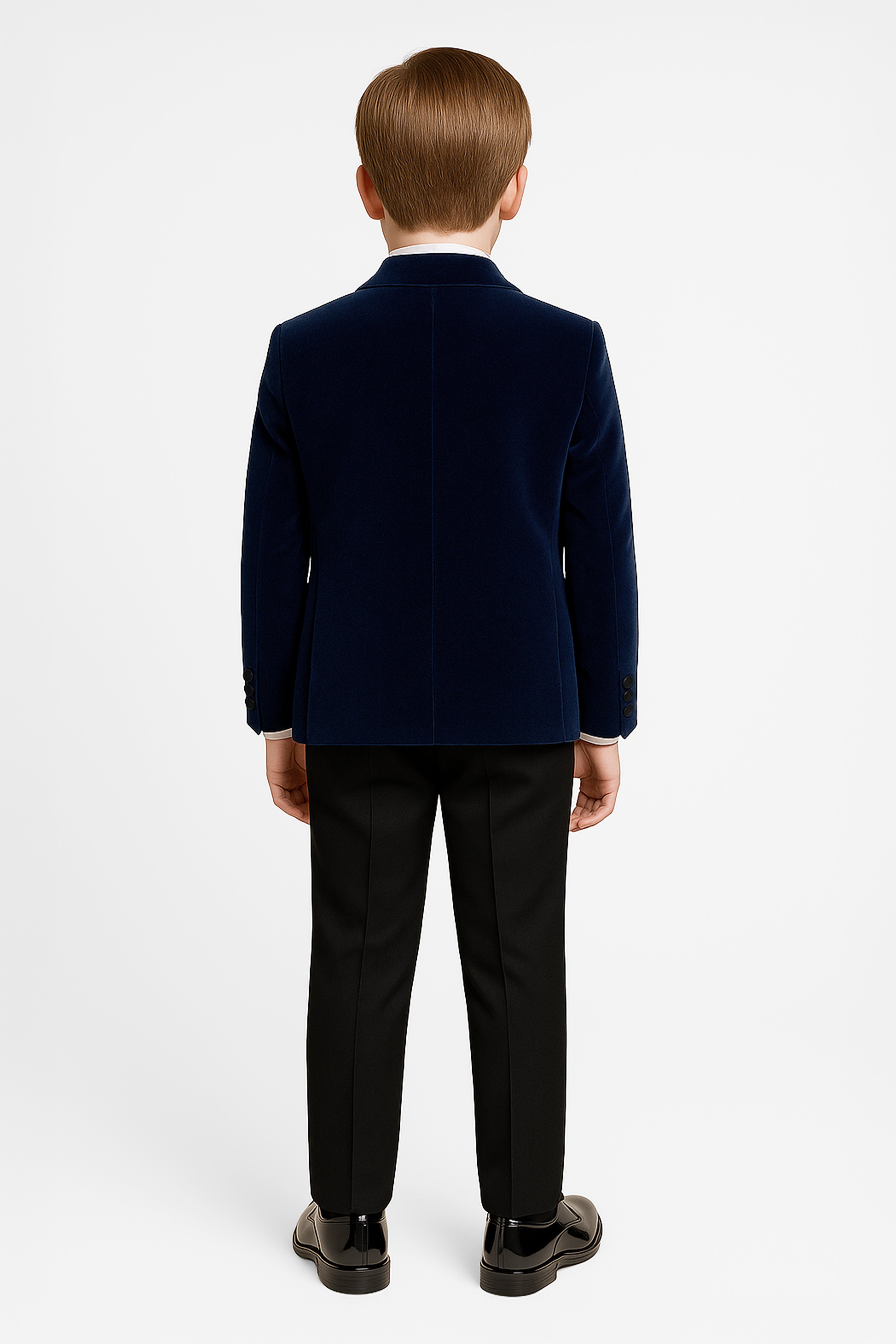 Boys Velvet Satin Lapel Dinner Suit Set - 3-Piece & 5-Piece - MAYFAIR -  Navy Blue Back Picture