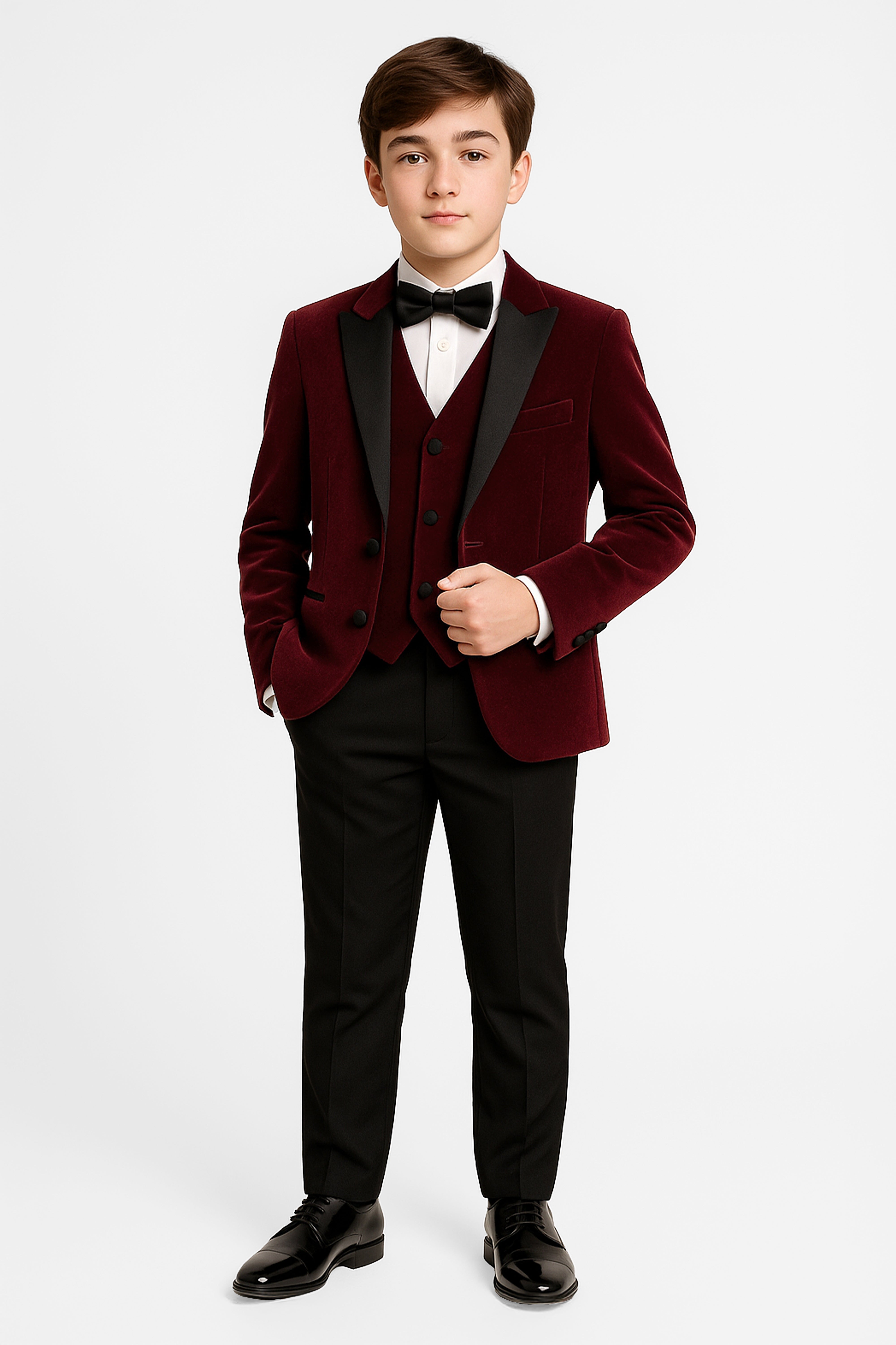 Boys Velvet Satin Lapel Dinner Suit Set - 3-Piece & 5-Piece - MAYFAIR - Wine Front Picture