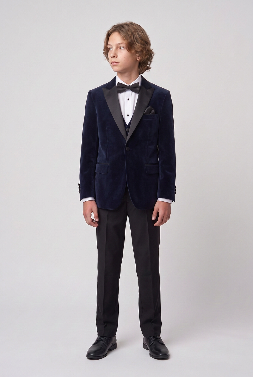Boys Velvet Satin Lapel Tuxedo Dinner Suit Set - 4-Piece & 5-Piece - MAYFAIR - Navy Blue model picture